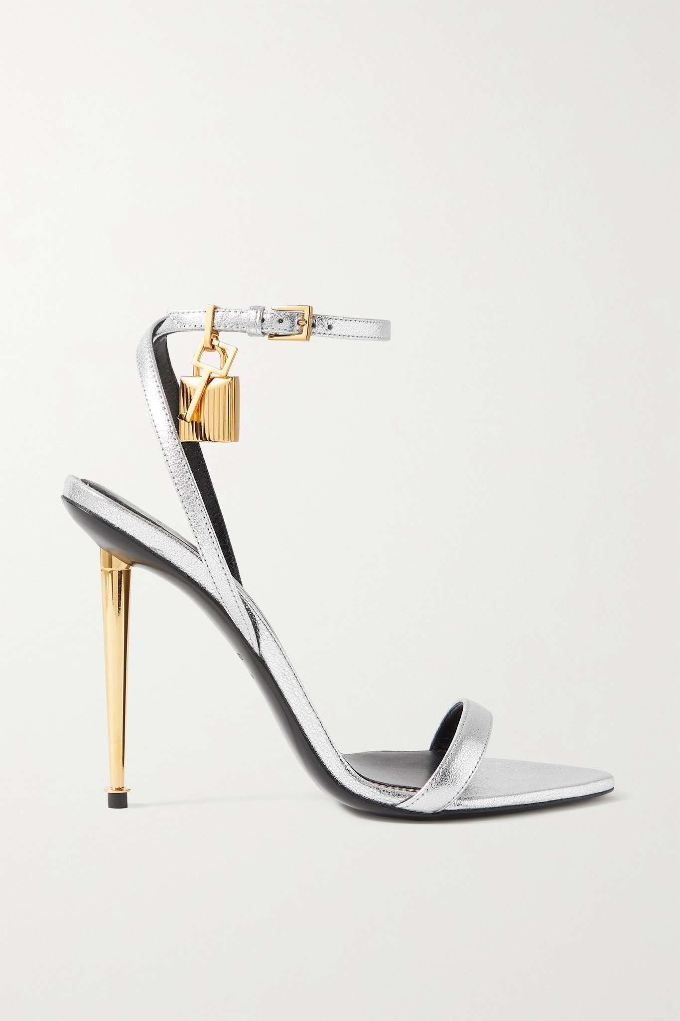 Tom Ford | Women 105mm Padlock Metallic Leather Sandals Silver 37