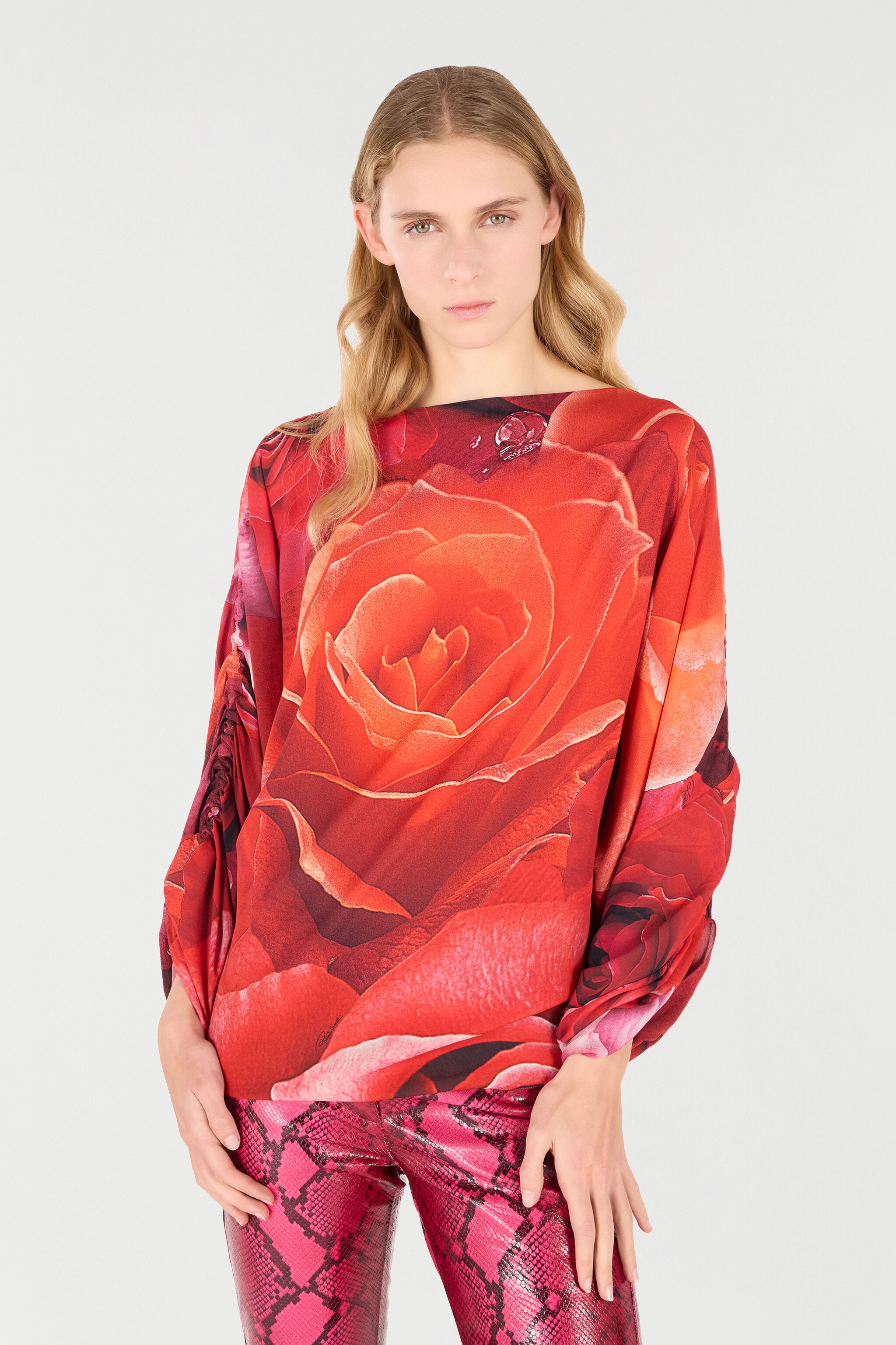 Sweater With Gathered Sleeves And Rose Print - 3