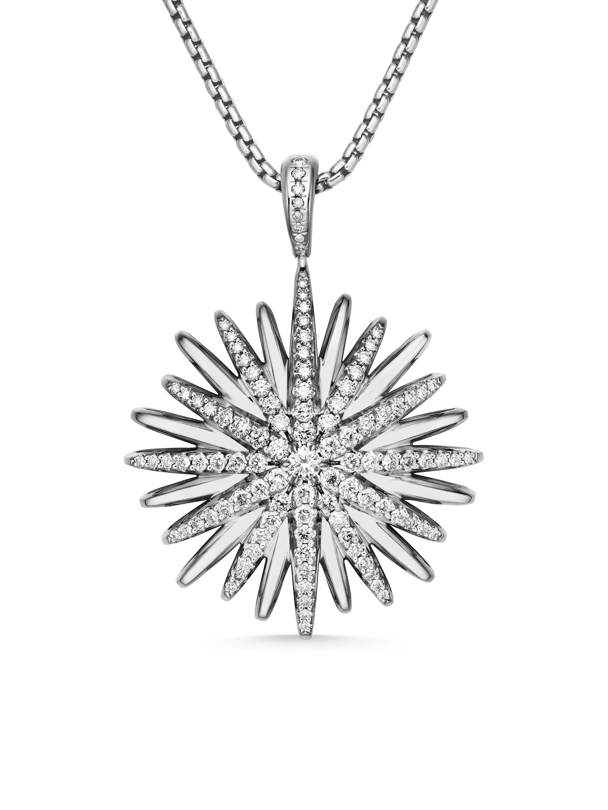 Women's Starburst Pendant Necklace in Sterling Silver with Diamonds, 32MM - Diamond - 1