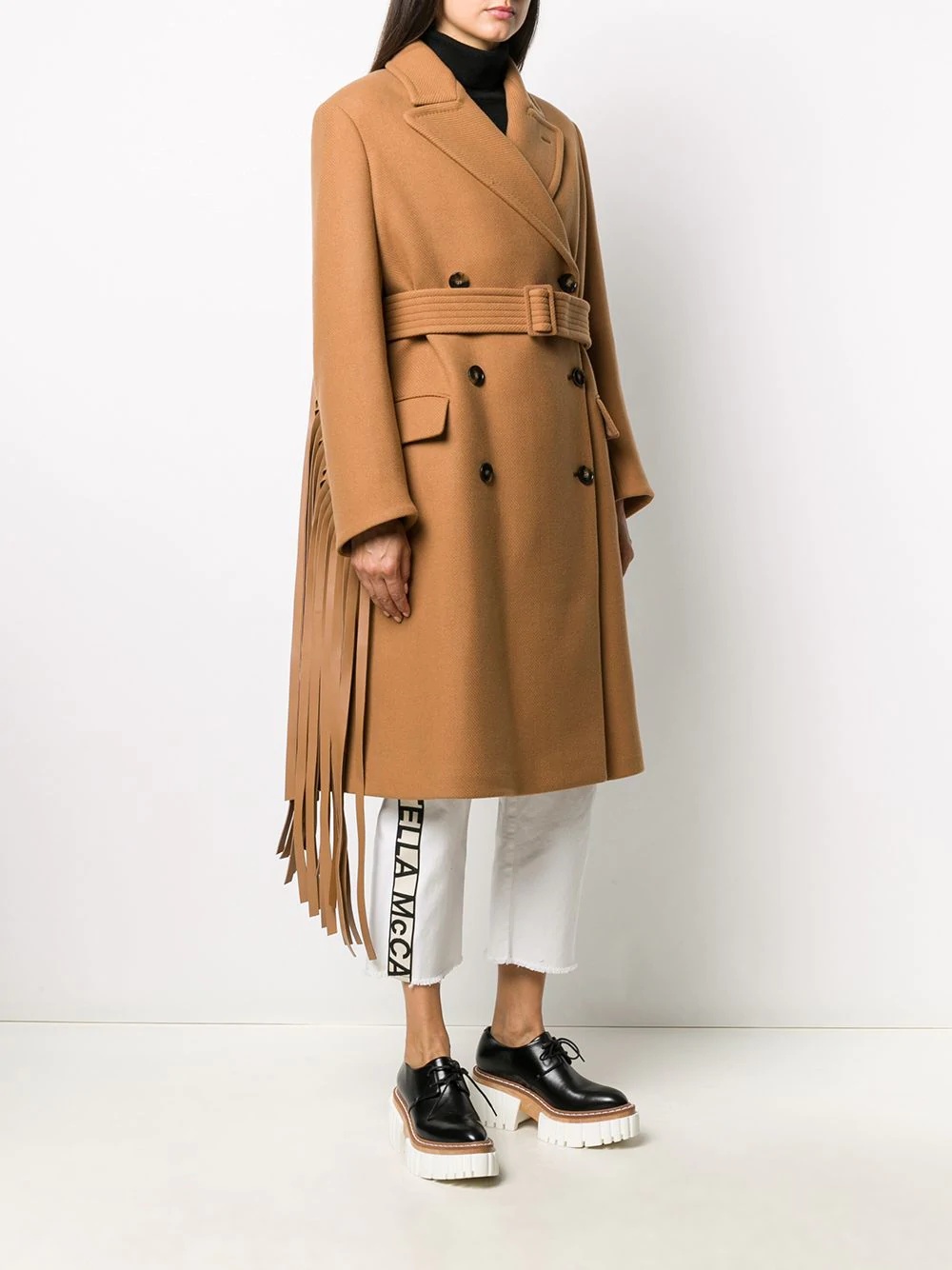 fringed-sleeve double-breasted wool coat - 3