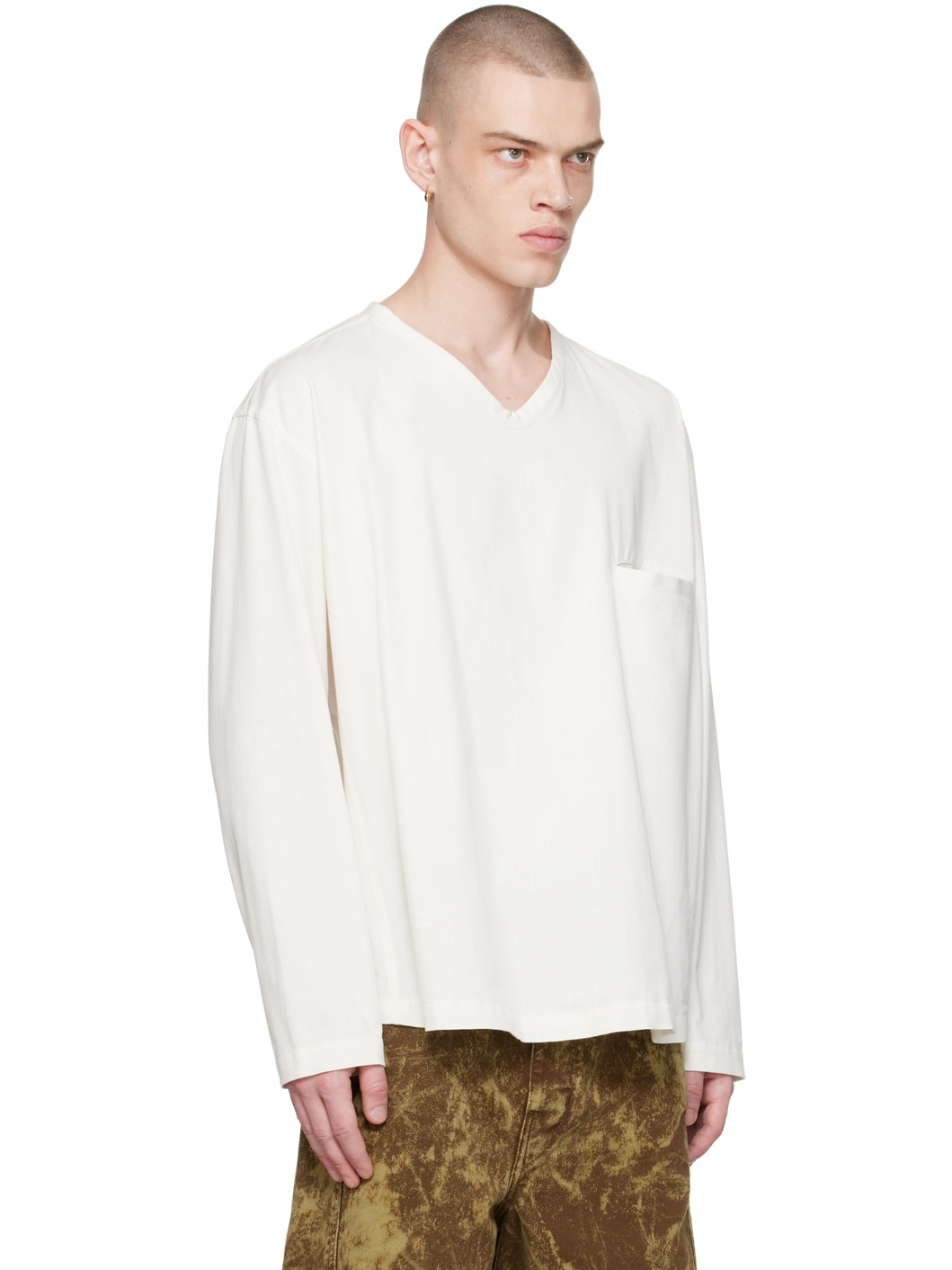 Off-White V-Neck Long Sleeve T-Shirt - 2