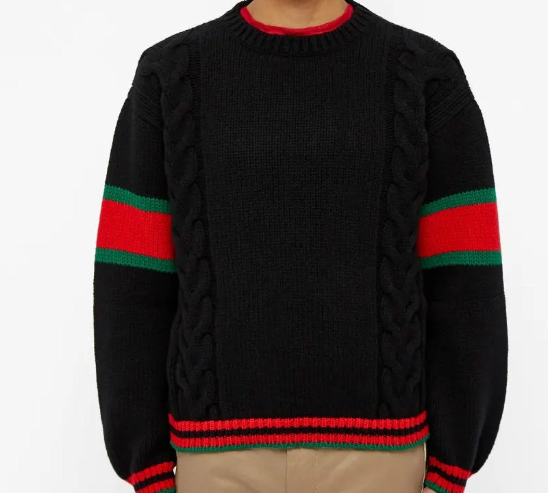 Gucci Chucky Grg Long-Sleeved Sweater With Striped Round Neck At Hem Cuffs For Men Black 548115-X156 - 2