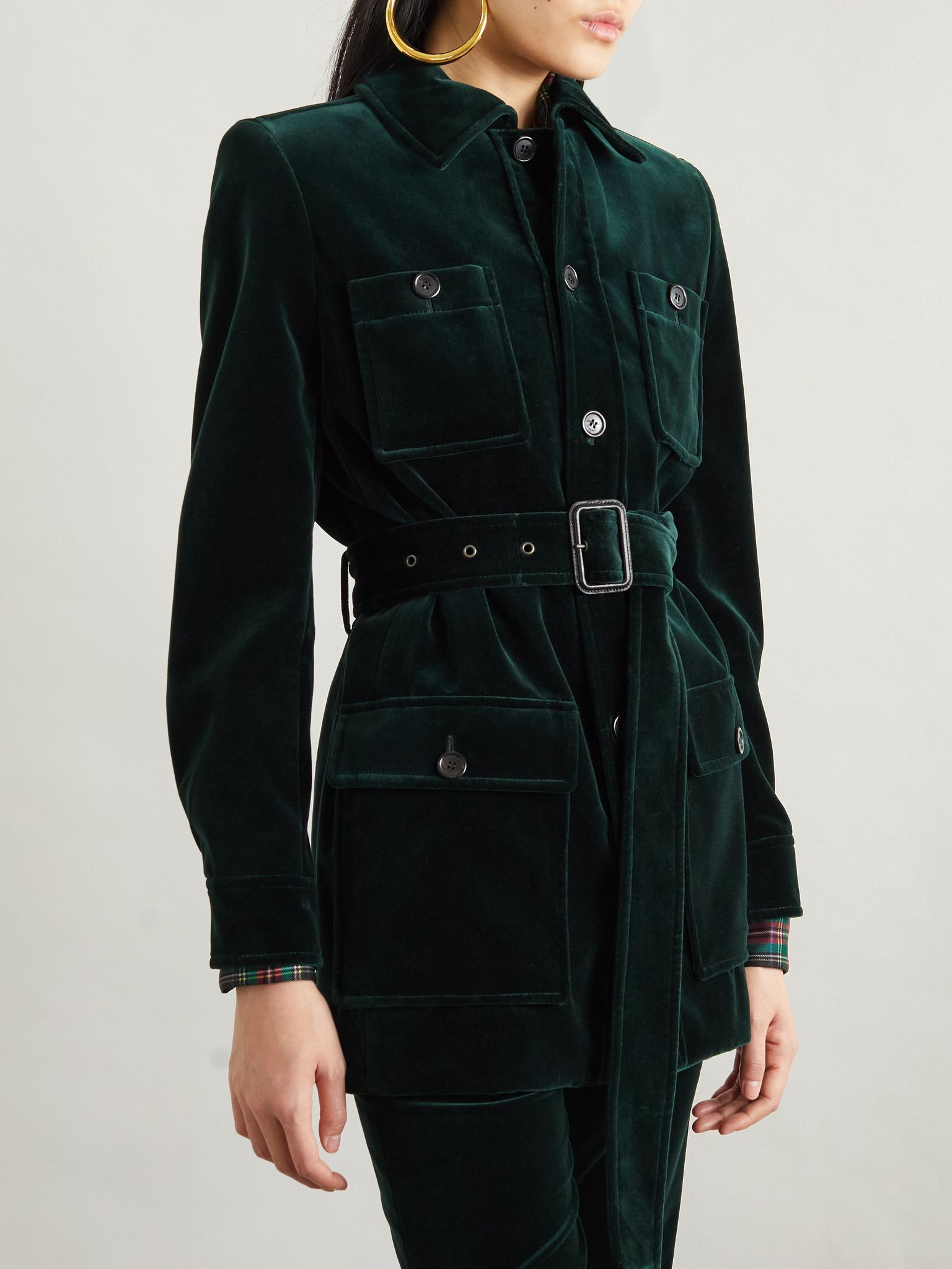 Belted velvet jacket Dark green - 3