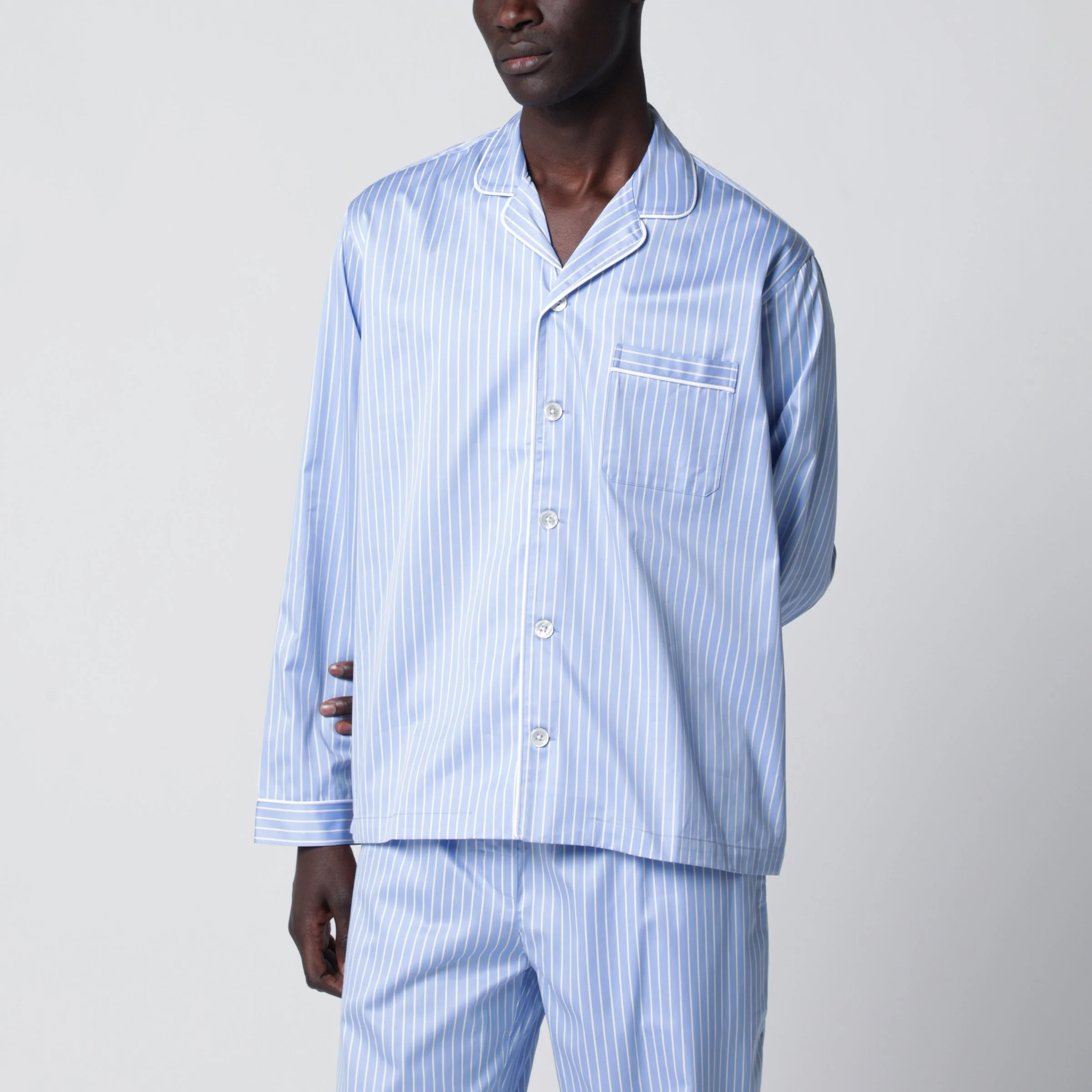 Light blue pajama shirt with white stripes - 1