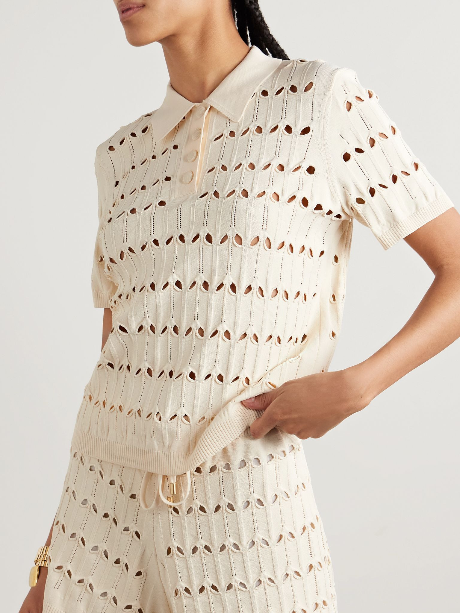 Rhiannon cutout pointelle-knit polo shirt Cream - 3