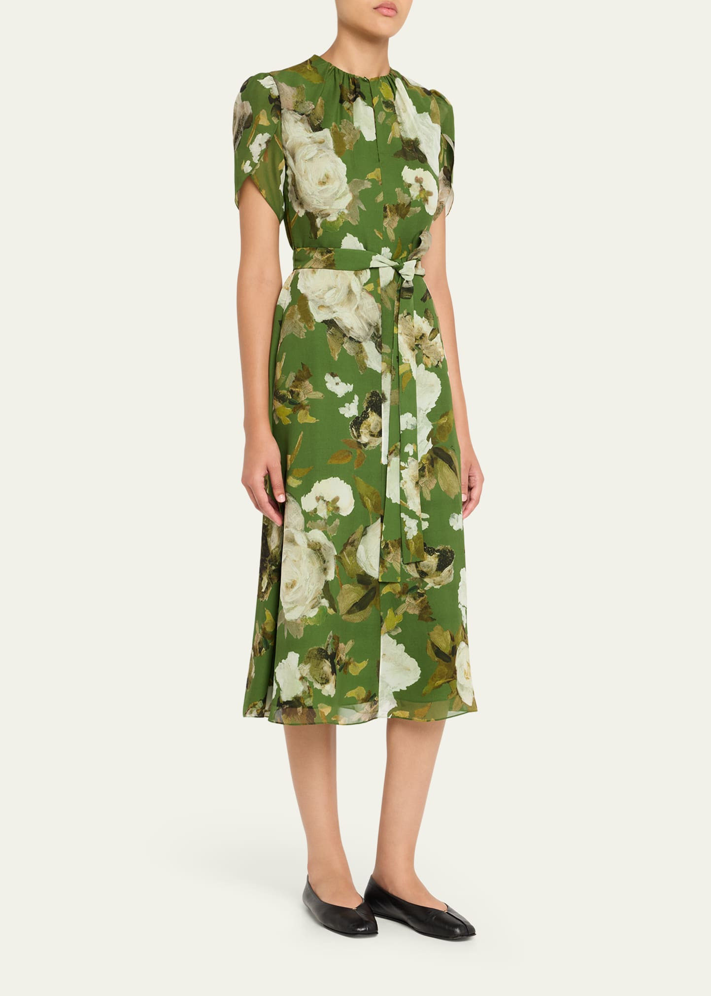 Floral Silk Short-Sleeve Belted Midi Dress - 4