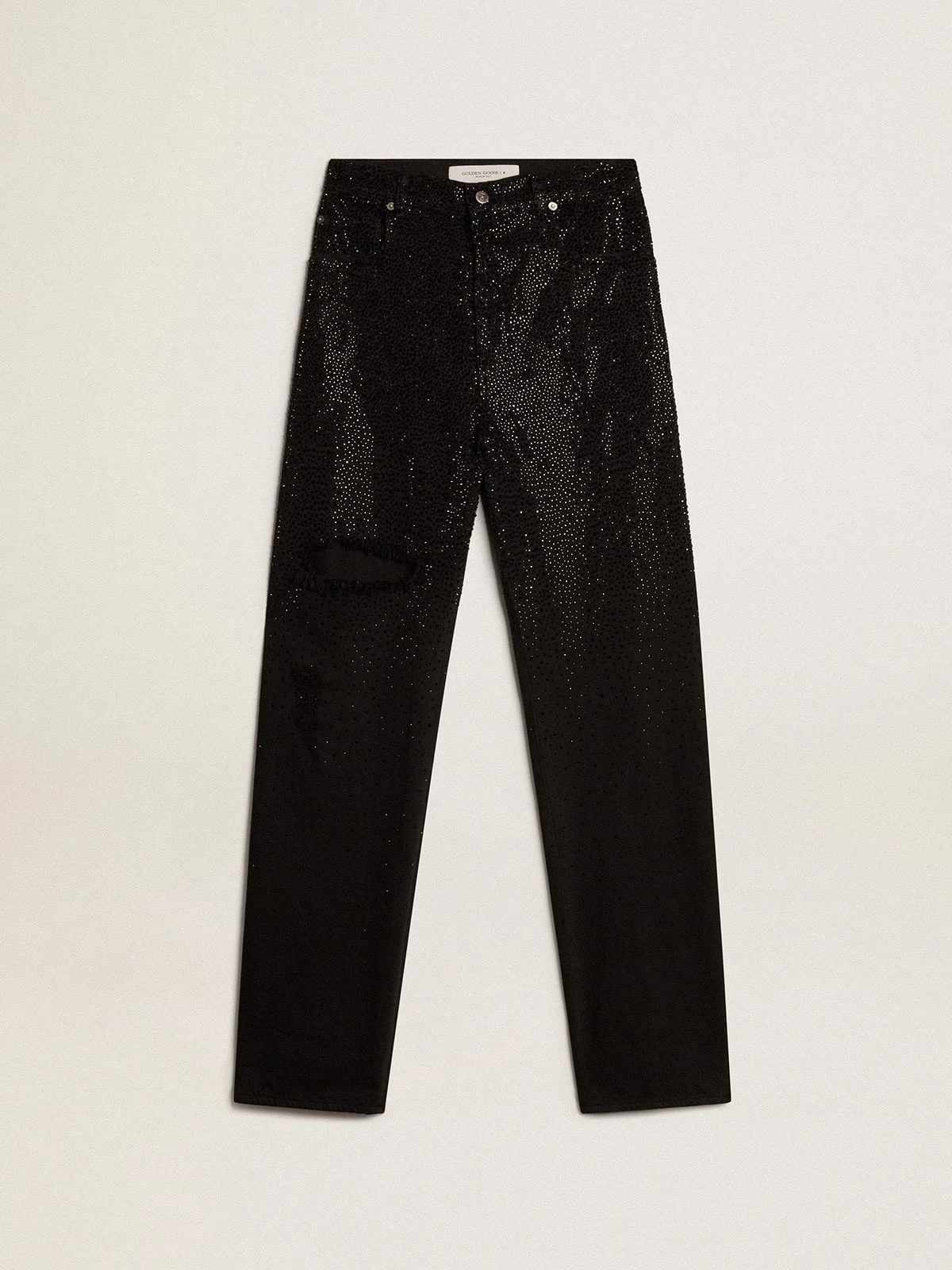 Women’s cotton denim pants with shaded-effect crystal decoration - 1