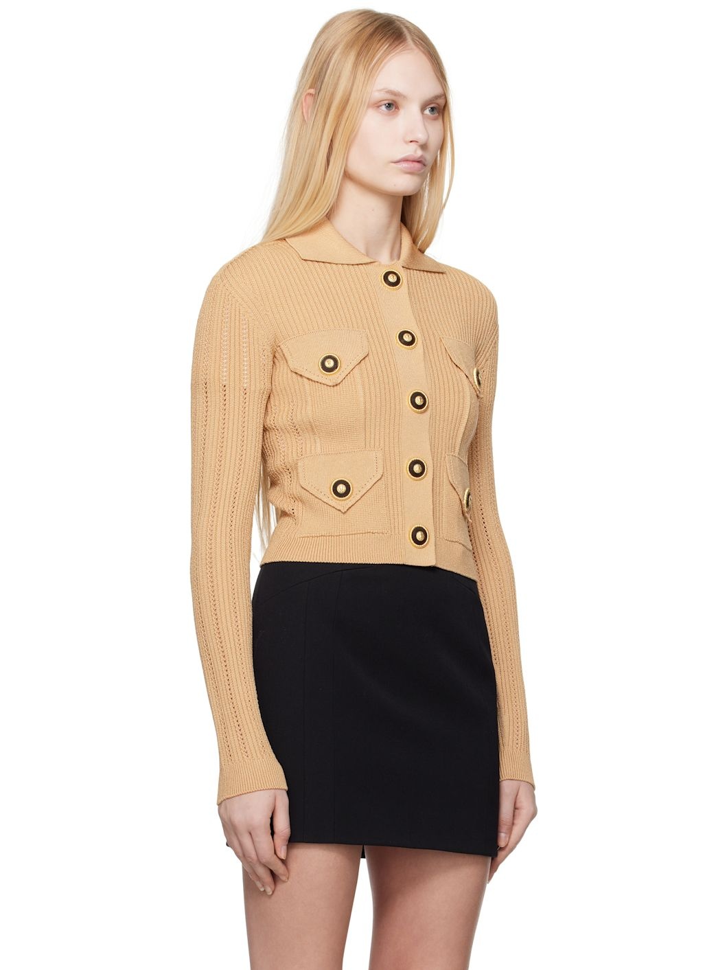 Tan Cropped Ribbed Knit Cardigan - 2