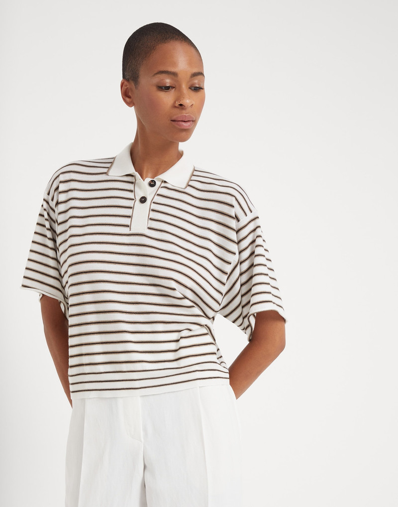 Sparkling stripe lightweight knit polo in virgin wool and cashmere 1