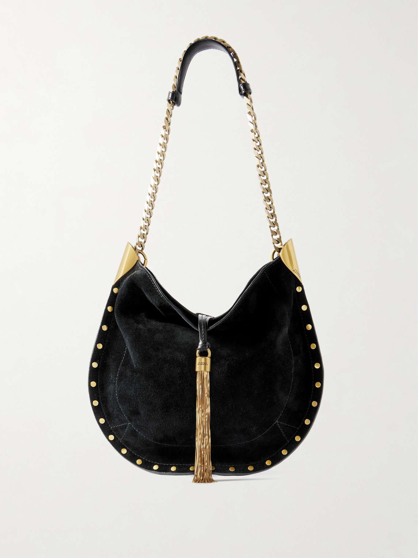 Oskan leather-trimmed tasseled studded suede shoulder bag Black - 1