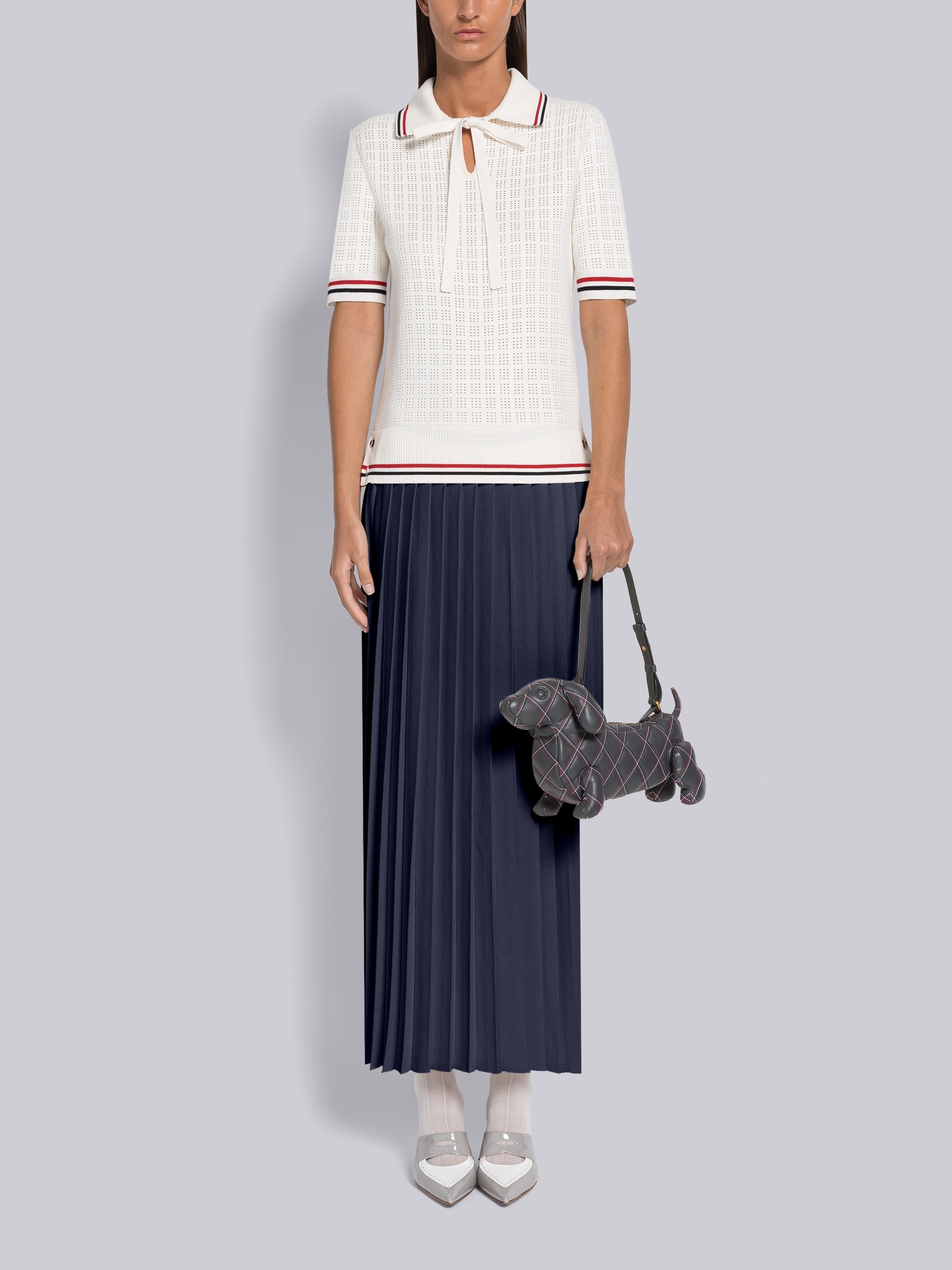 CALF LENGTH PLEATED SKIRT IN COTTON W/ RWB STRIPE - 4