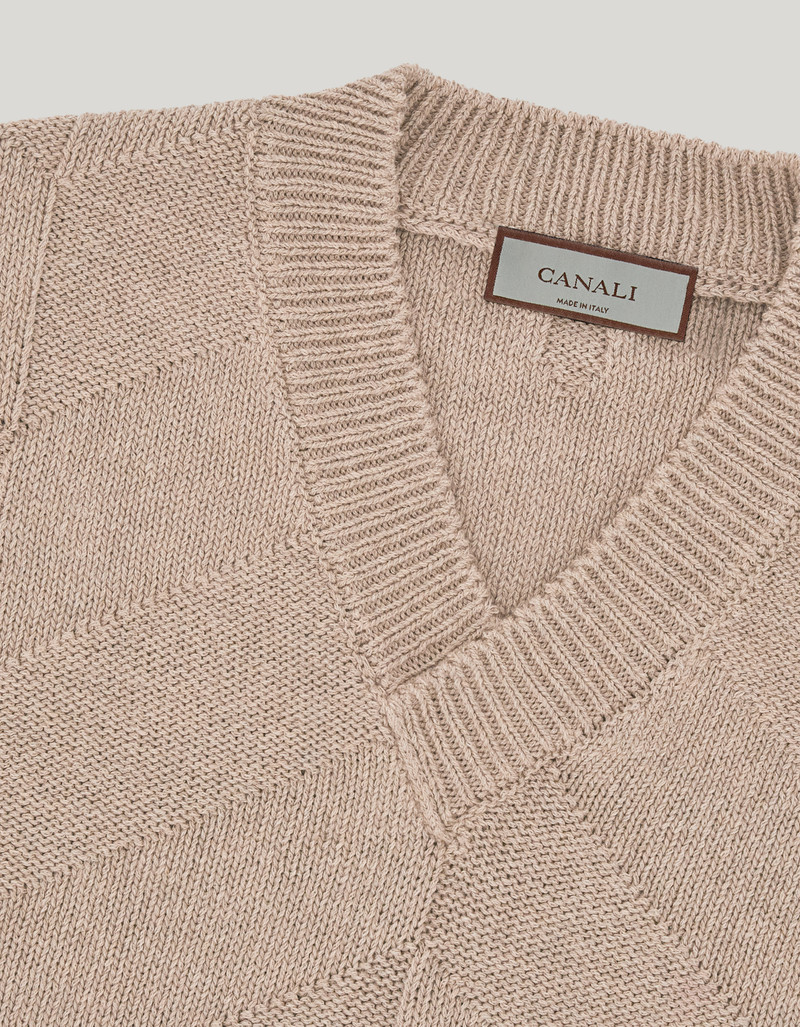 TAUPE COTTON AND SILK V-NECK SWEATER WITH STRUCTURED PATTERN 6
