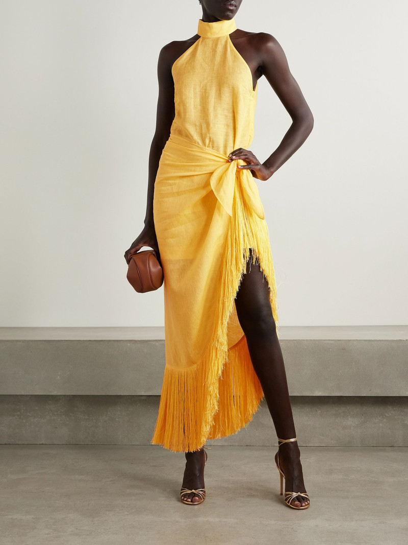 Taller Marmo Athena wrap-effect fringed linen midi dress Yellow outlook