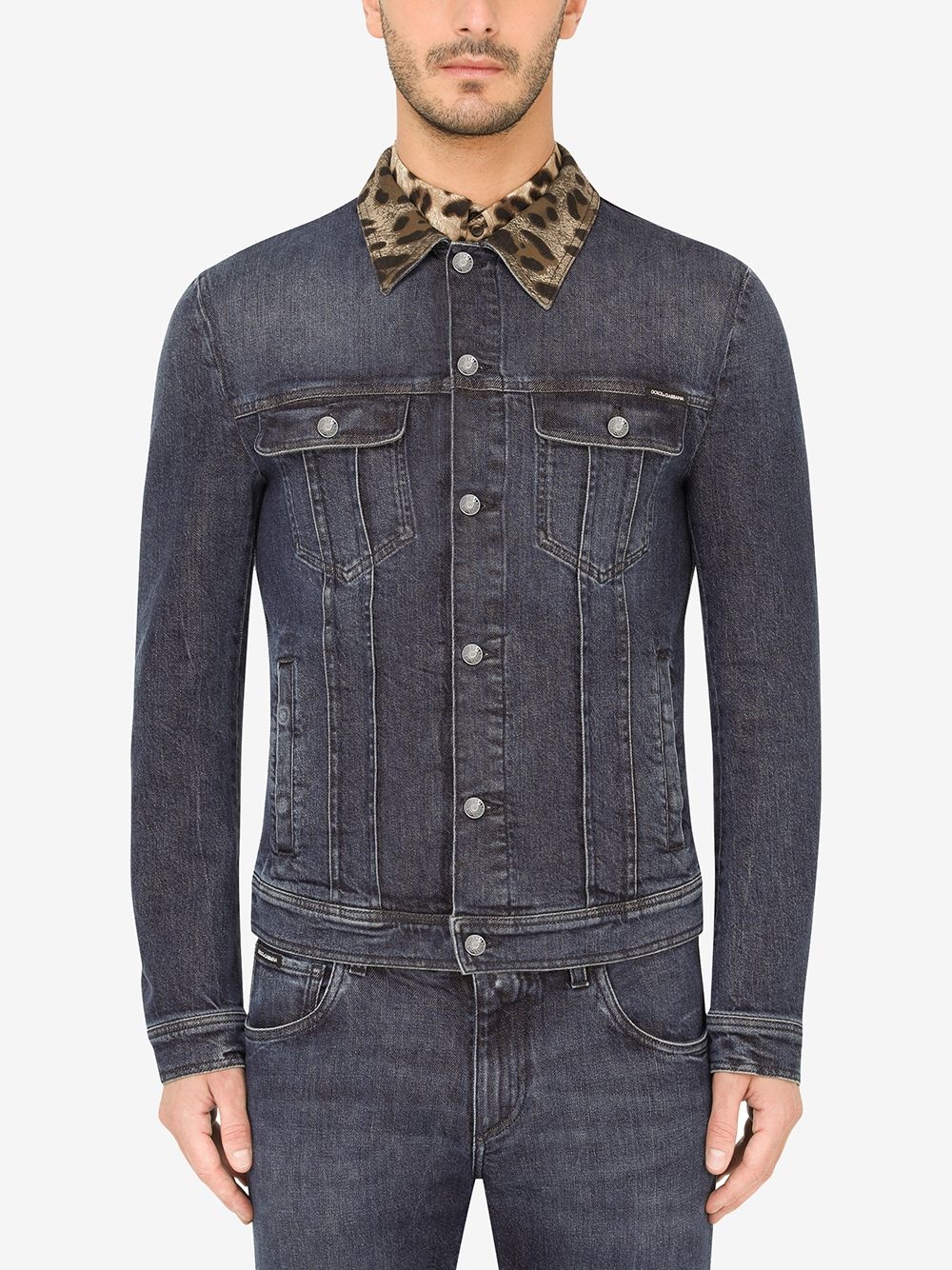 leopard collar button-front denim jacket - 3