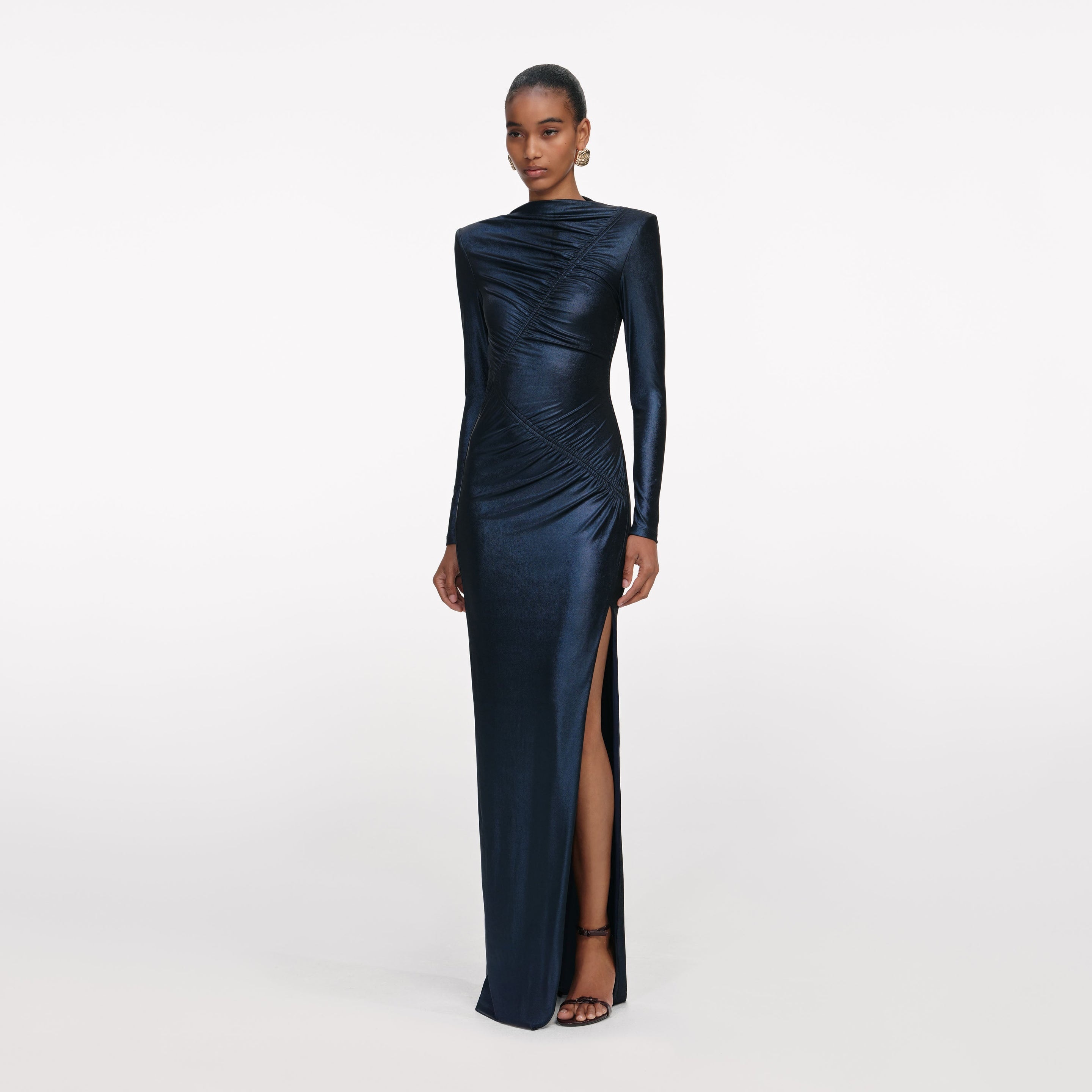 Navy Metallic Gathered Maxi Dress - 2