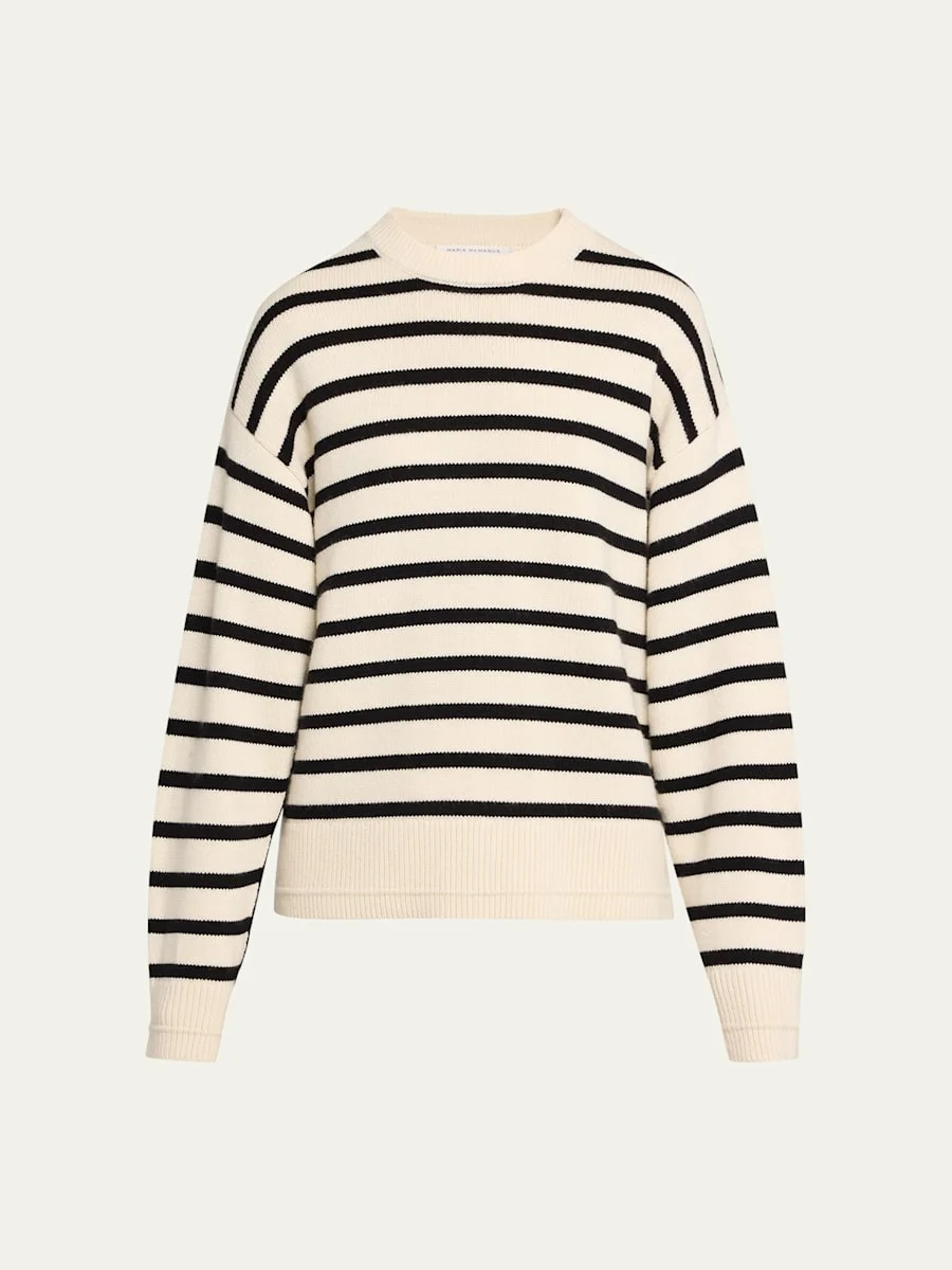 Cashmere and Cotton Stripe Ladder Stitch Crewneck Sweater - 1