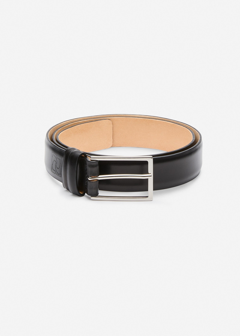 Rectangular buckle leather belt in black and silver 1