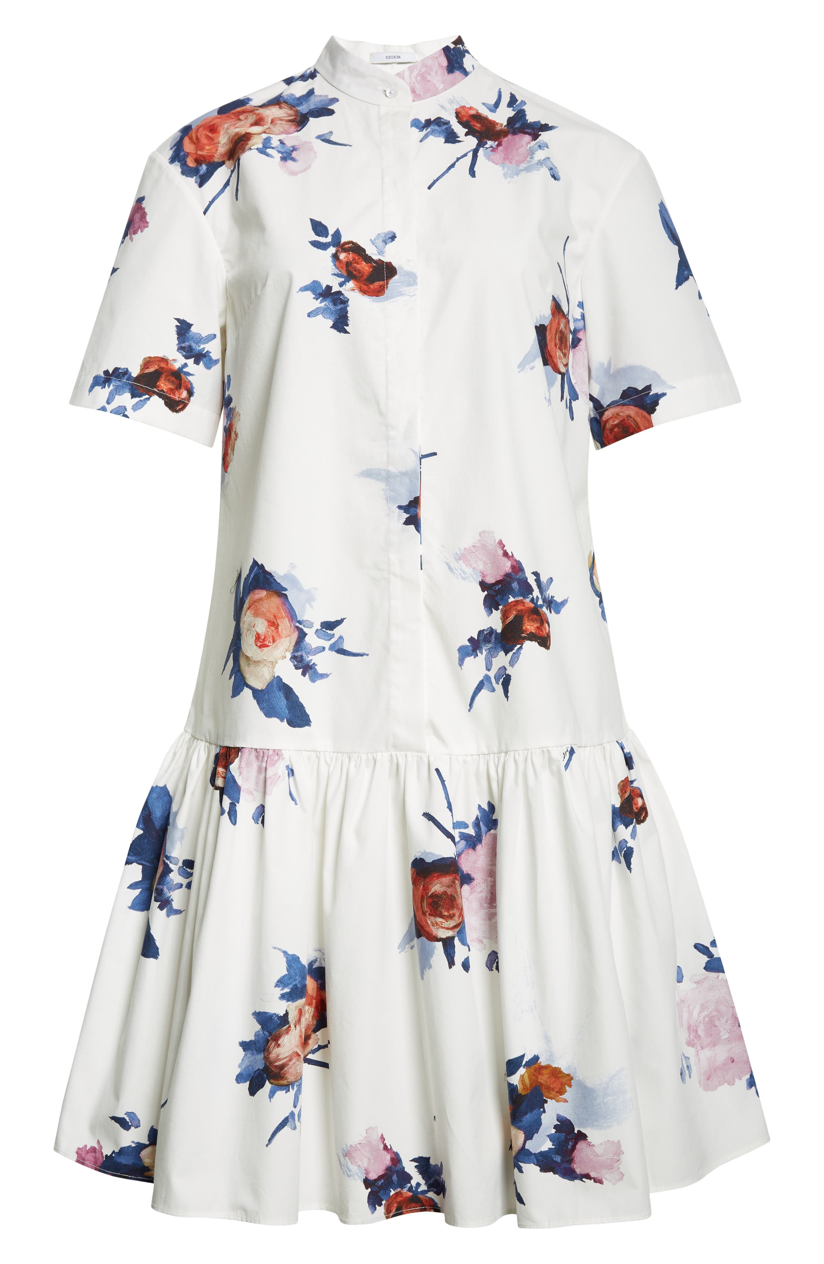 Erdem Short Sleeve Cotton Poplin Mini Shirtdress in Painted Rose Bouquet White at Nordstrom - 5