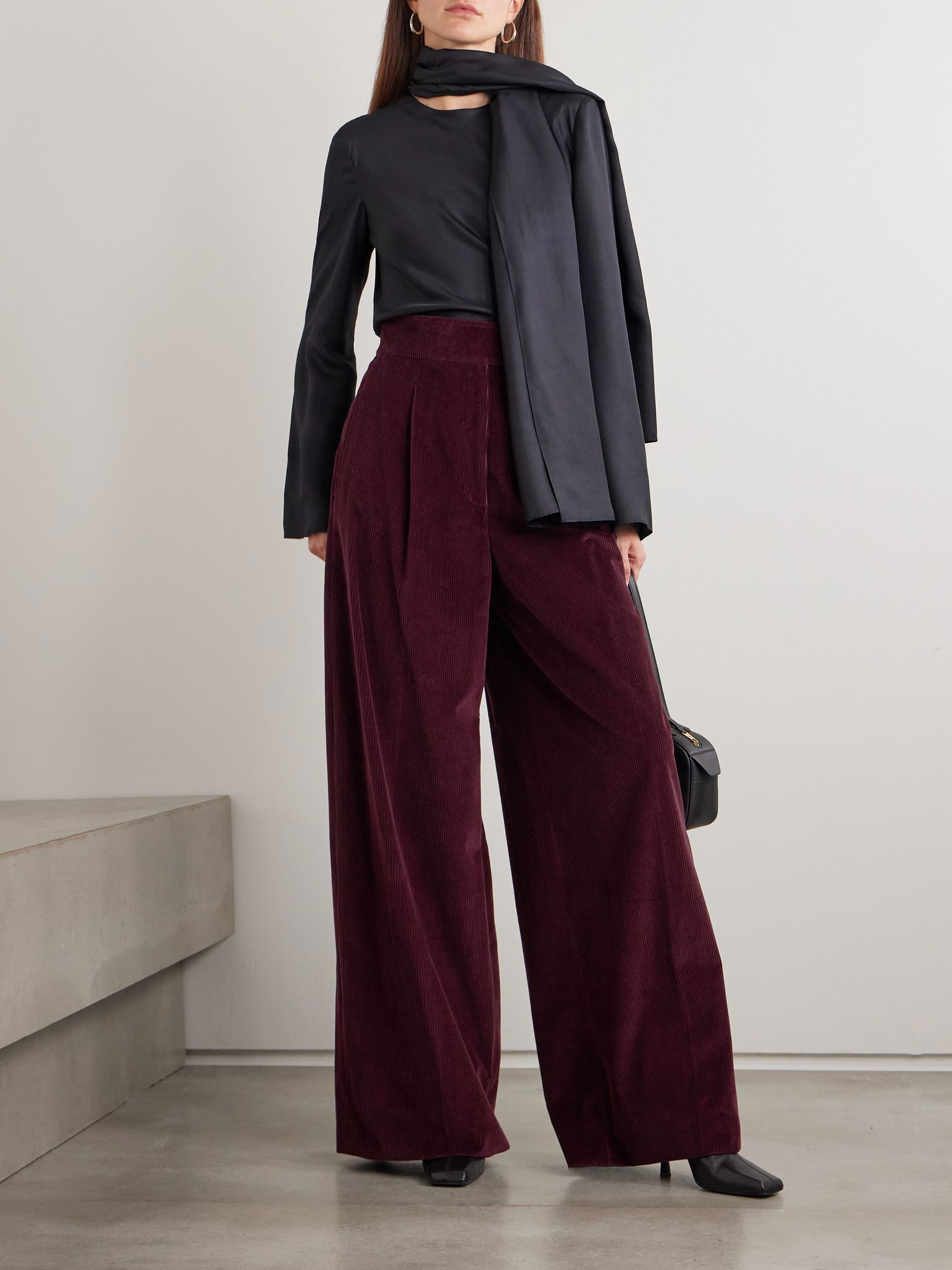 Pleated cotton-corduroy wide-leg pants Crimson - 2