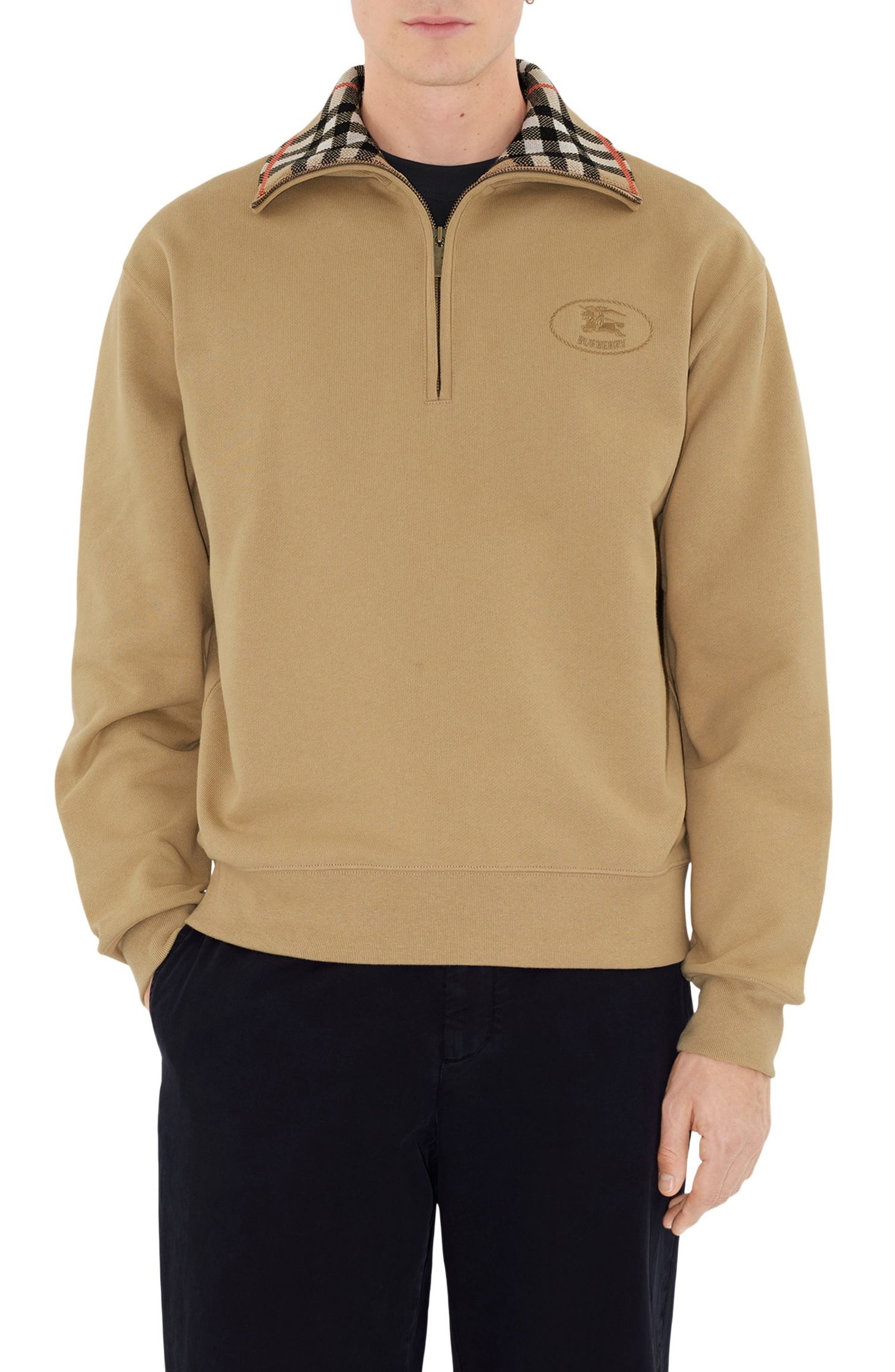 burberry EKD Stamp Check Trim French Terry Half Zip Sweatshirt in Flax at Nordstrom - 1