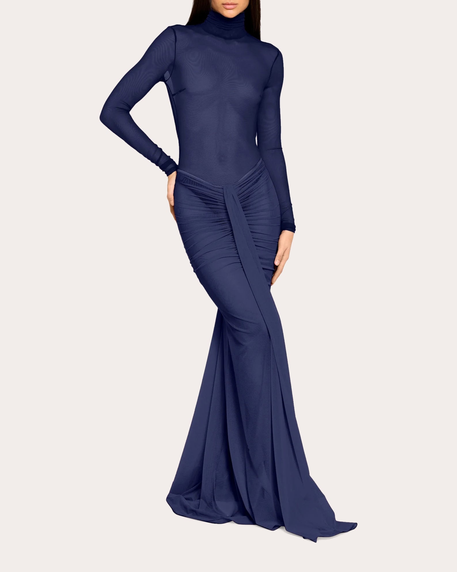 Ruched Draped Mesh Maxi Skirt - 1