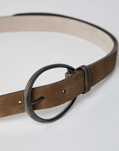 Brunello Cucinelli Suede-effect calfskin oval buckle belt with monili outlook