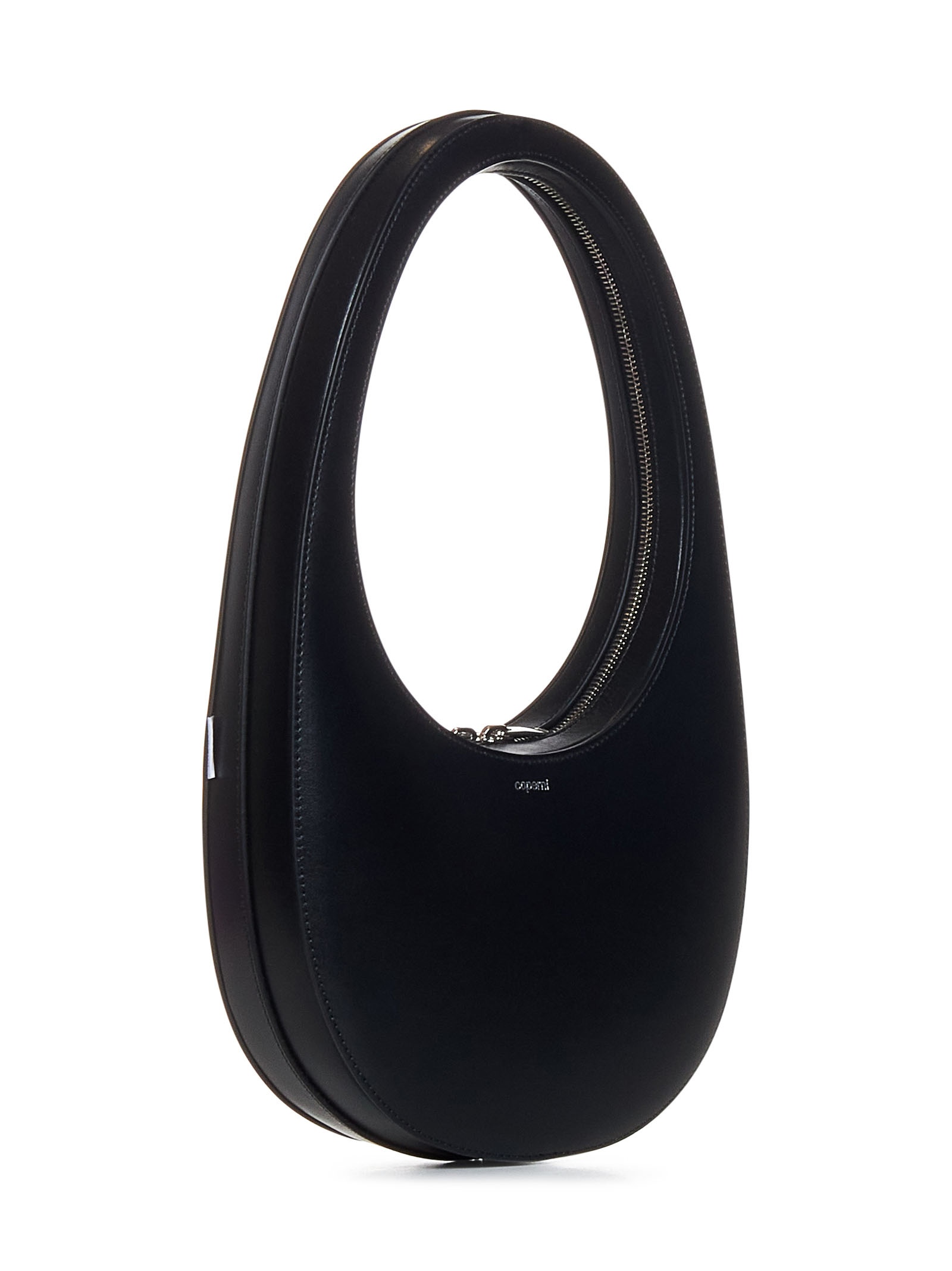 Oval handbag in black leather with silver logo print on the front. - 2