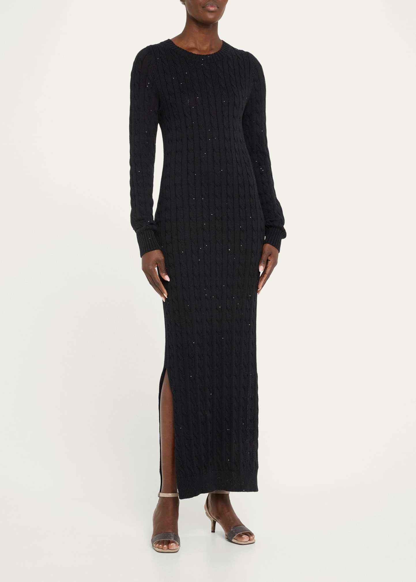 Paillette Cotton Cable-Knit Long-Sleeve Slits Sweater Gown - 4