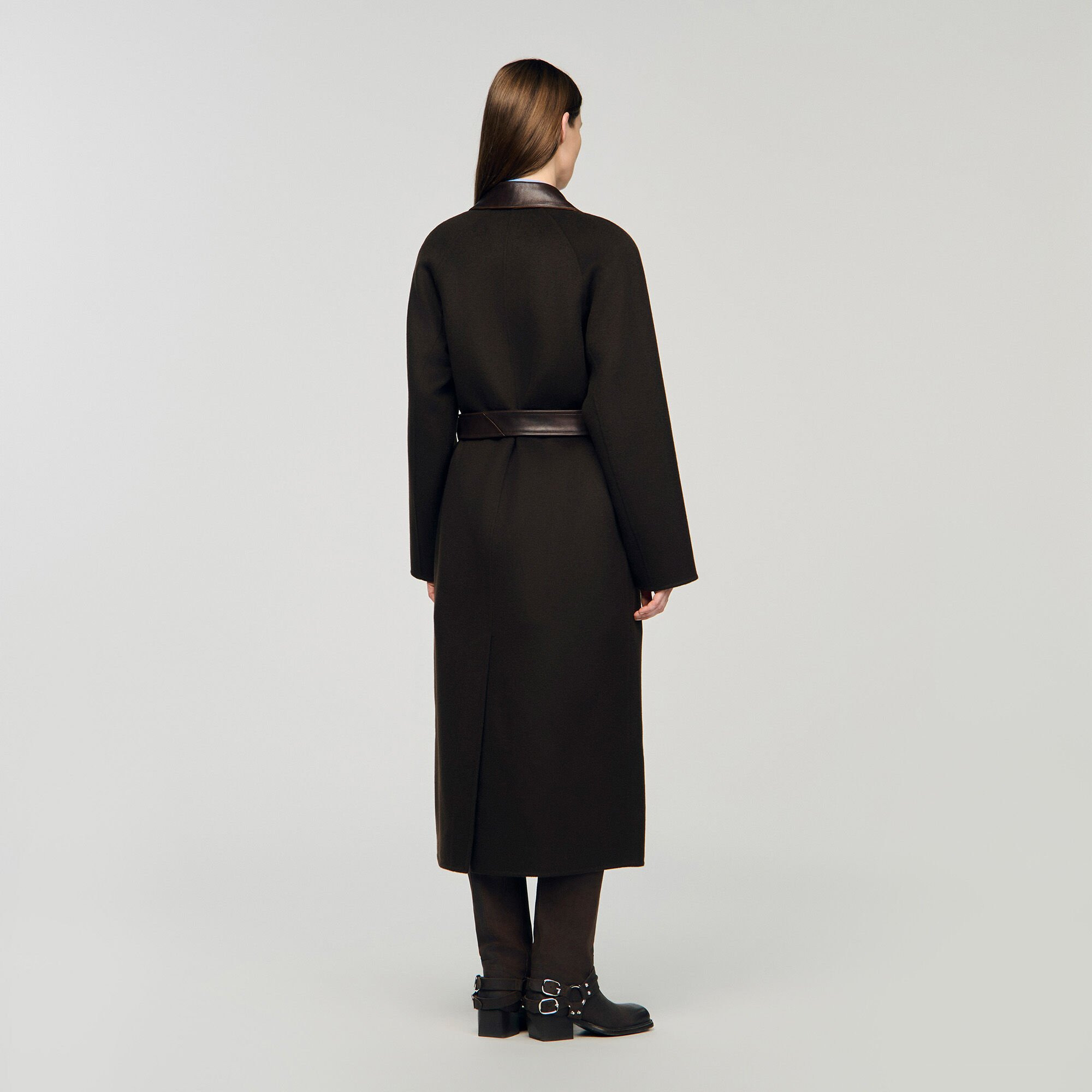 LONG WOOL AND LEATHER COAT - 5