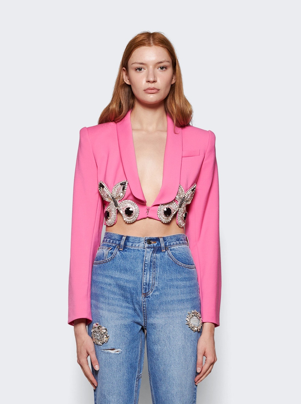 Embroidered Butterfly Cropped Blazer Carmine Rose - 3