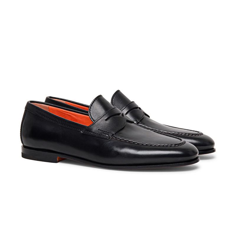 Santoni Men’s black leather penny loafer outlook