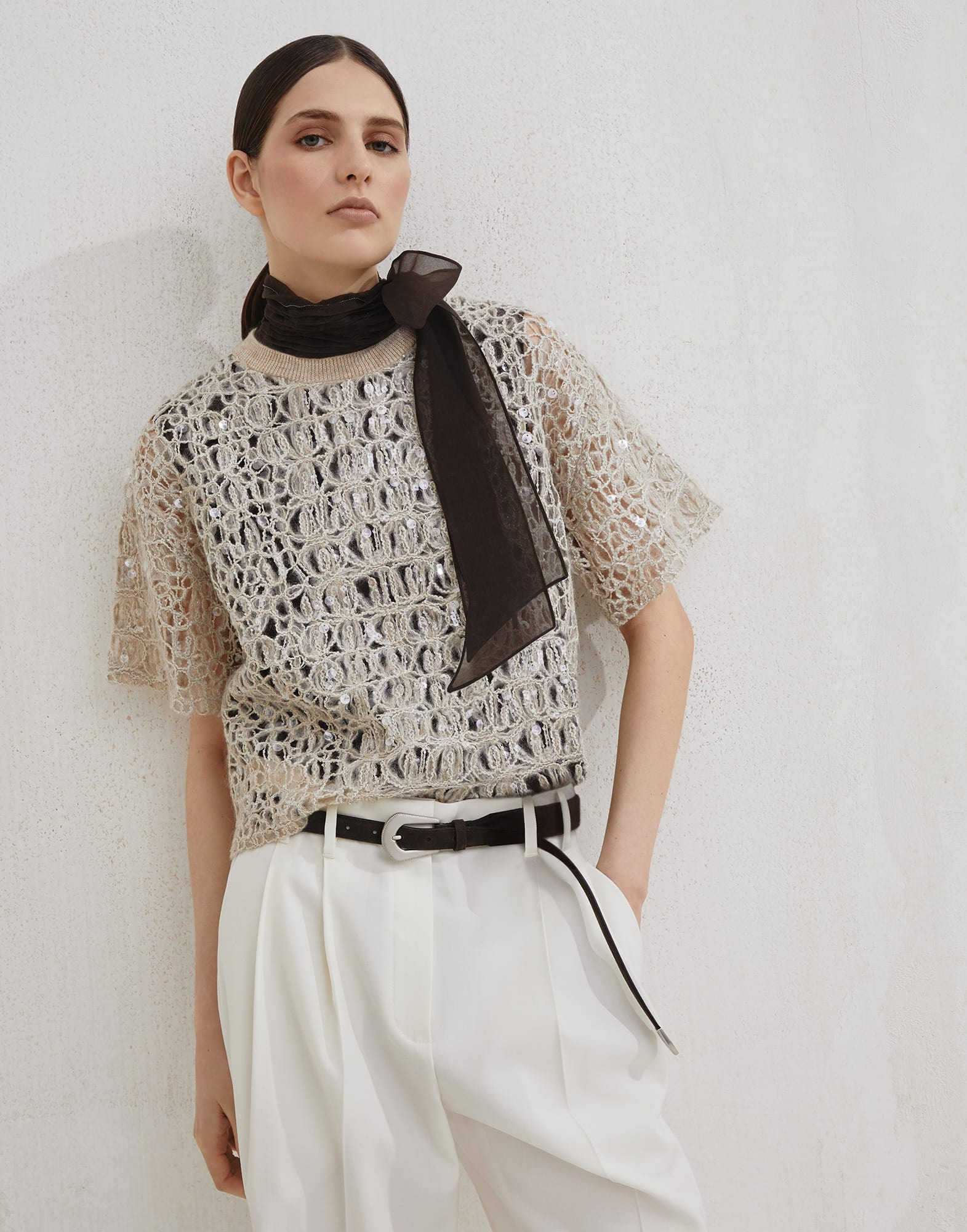 Dazzling croc embroidery knit T-shirt in mohair, silk and linen - 4