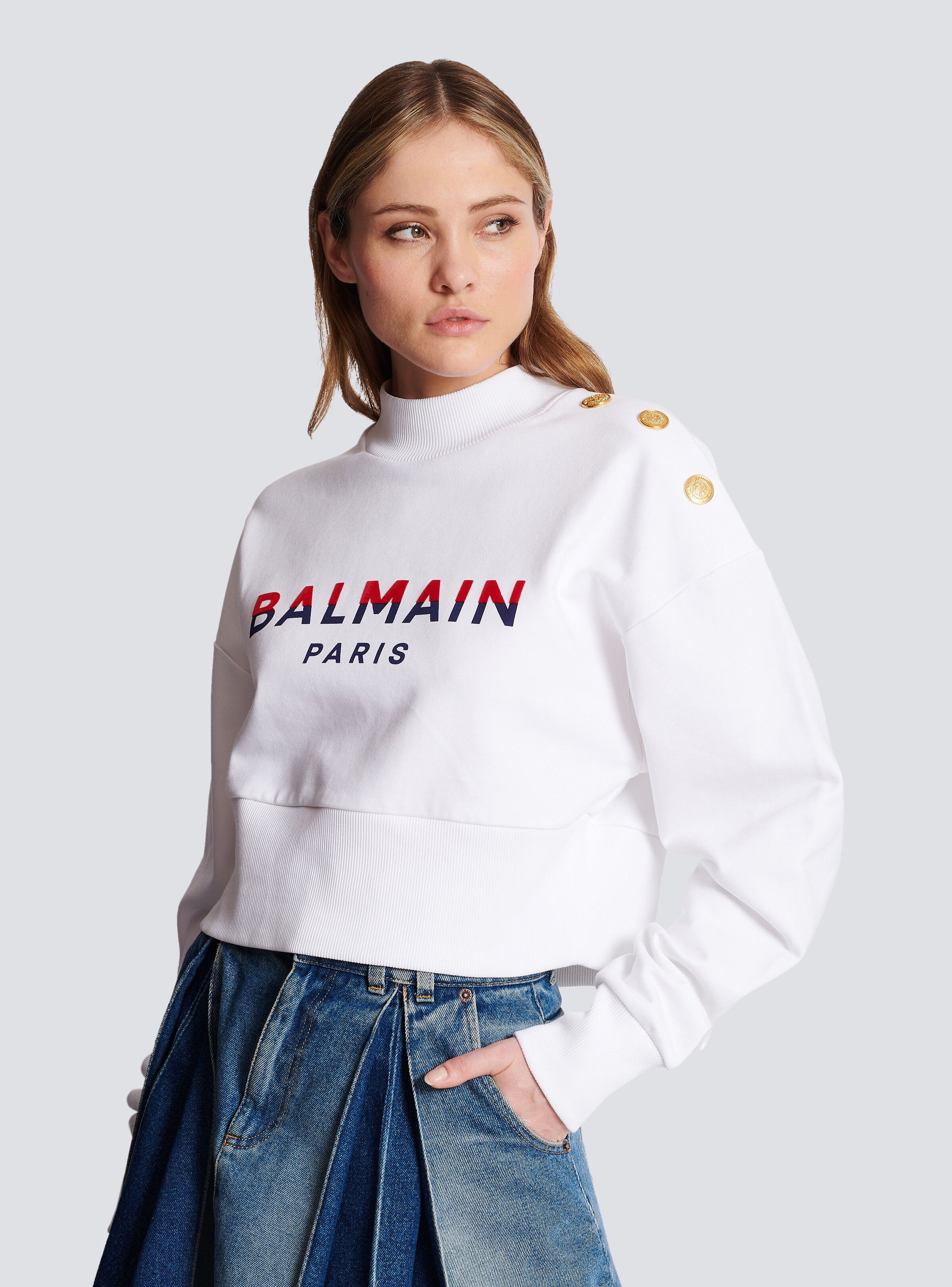 Flocked Balmain Paris cropped sweatshirt - 7