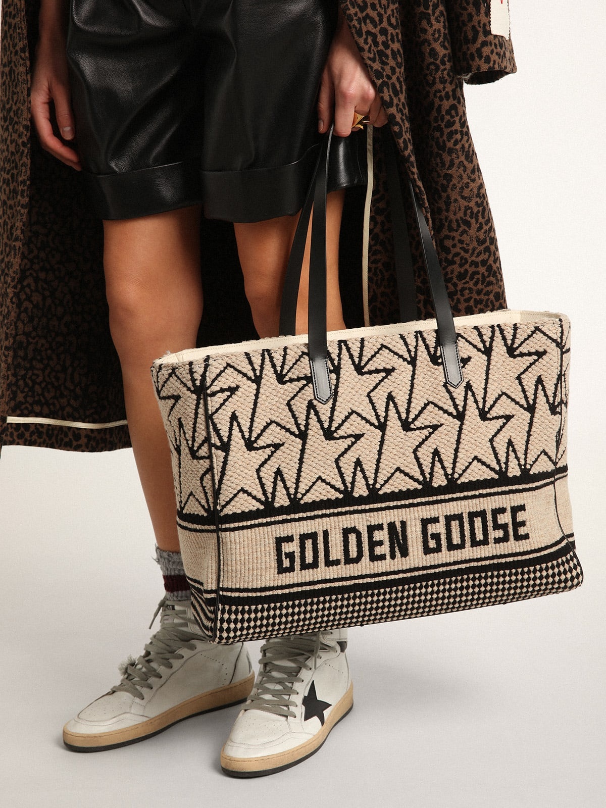 East-West California Bag in milk-white jacquard wool with contrasting black monograms and Golden Goo - 3