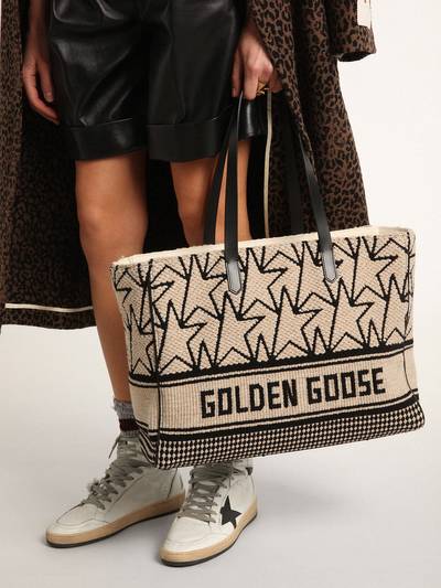 Golden Goose East-West California Bag in milk-white jacquard wool with contrasting black monograms and Golden Goo outlook