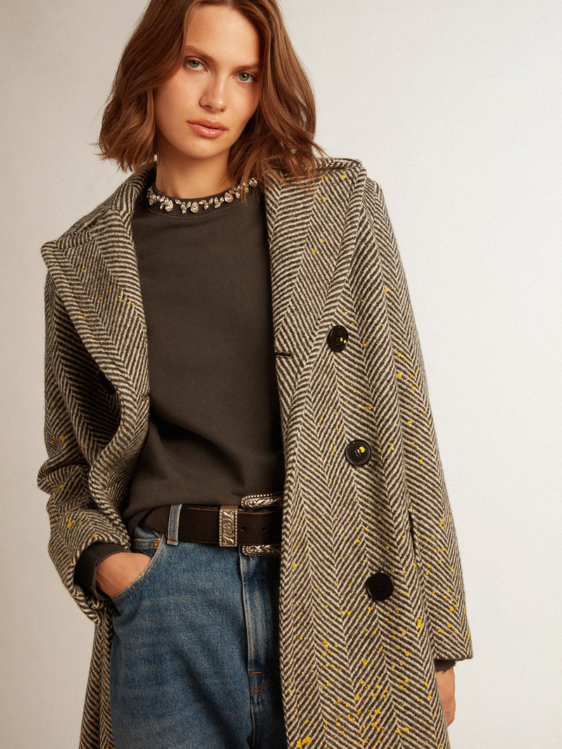 Golden Goose Women's long herringbone coat with yellow details outlook