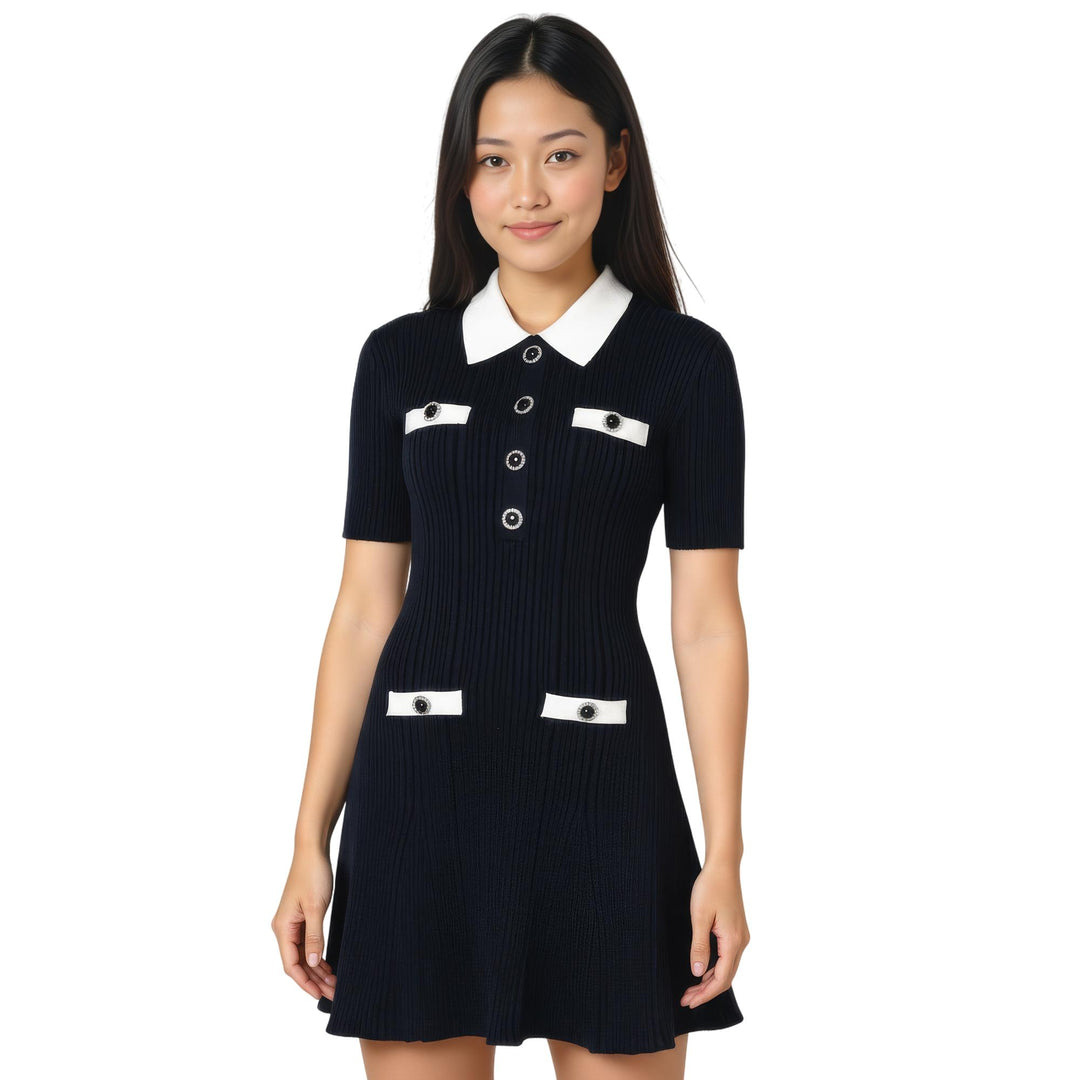 Navy Contrast Collar Knit Mini Dress - 2