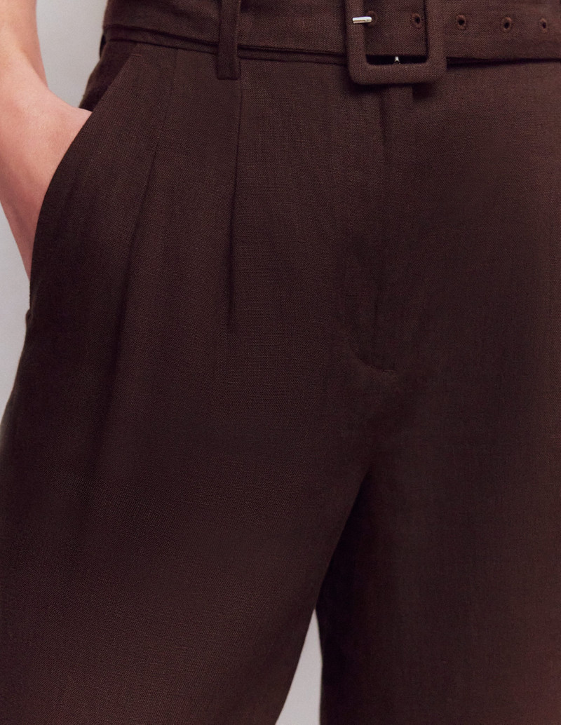 Chelsea Belted Linen Shorts-Bitter Chocolate 5