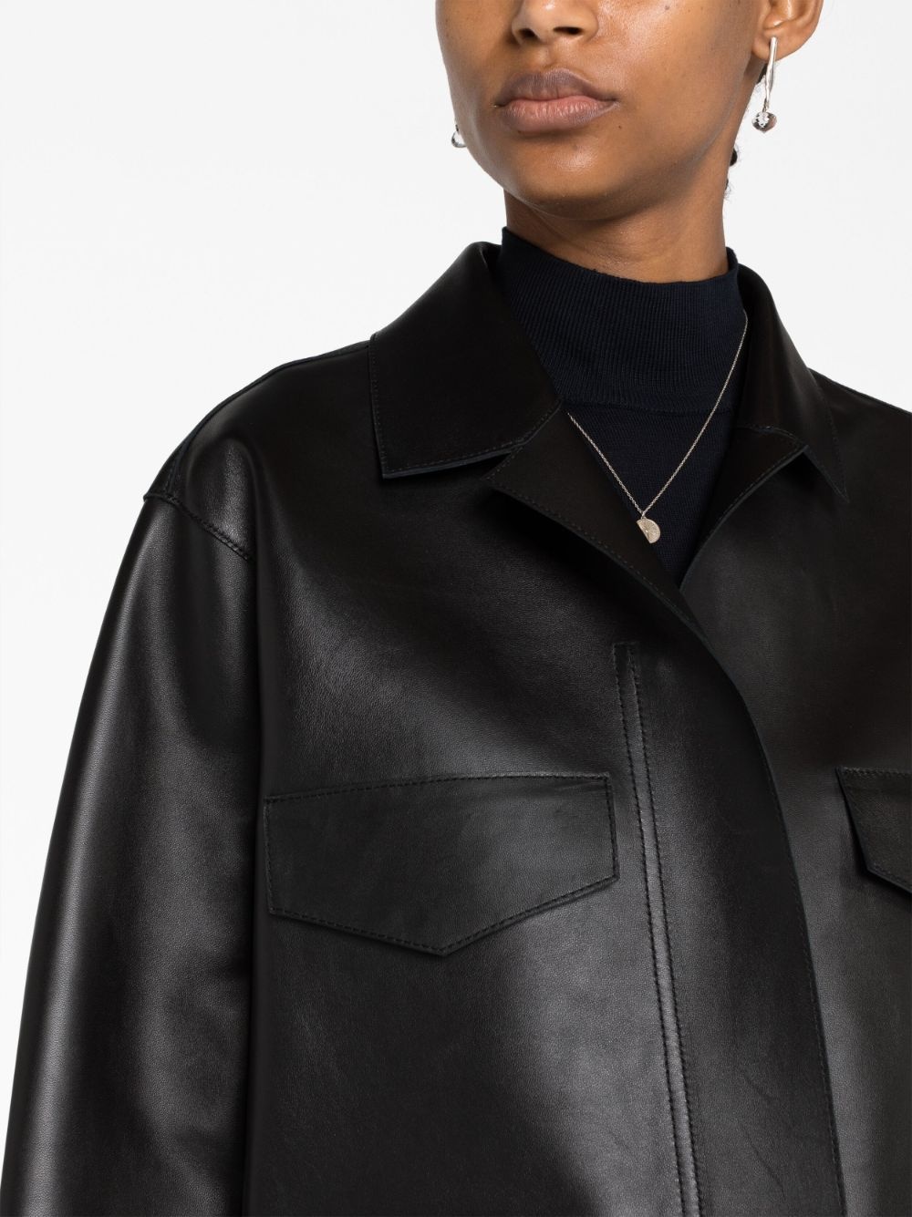 zipped wide-sleeve leather jacket - 3