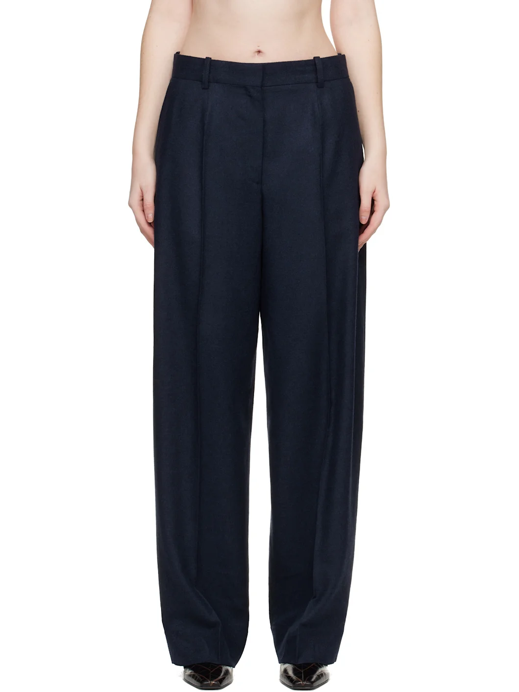 Navy Wide Flannel Trousers - 1