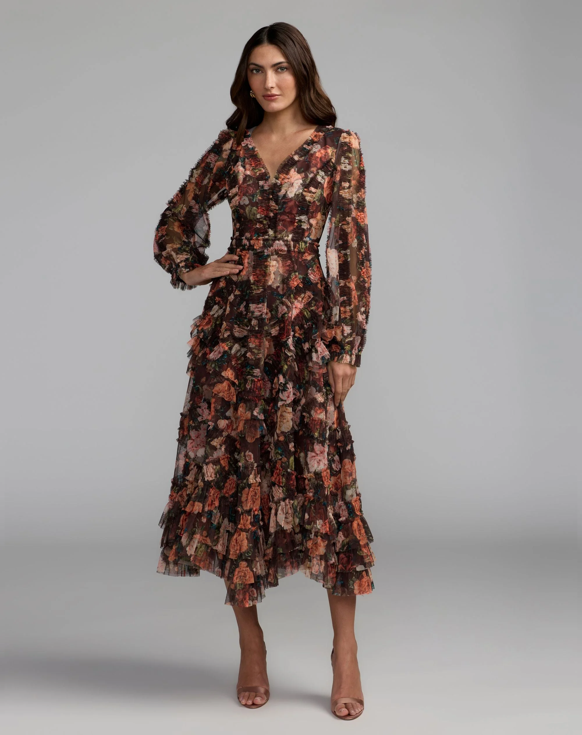 Brown Floral Long Sleeve Micro Ruffle Midi Dress - 1