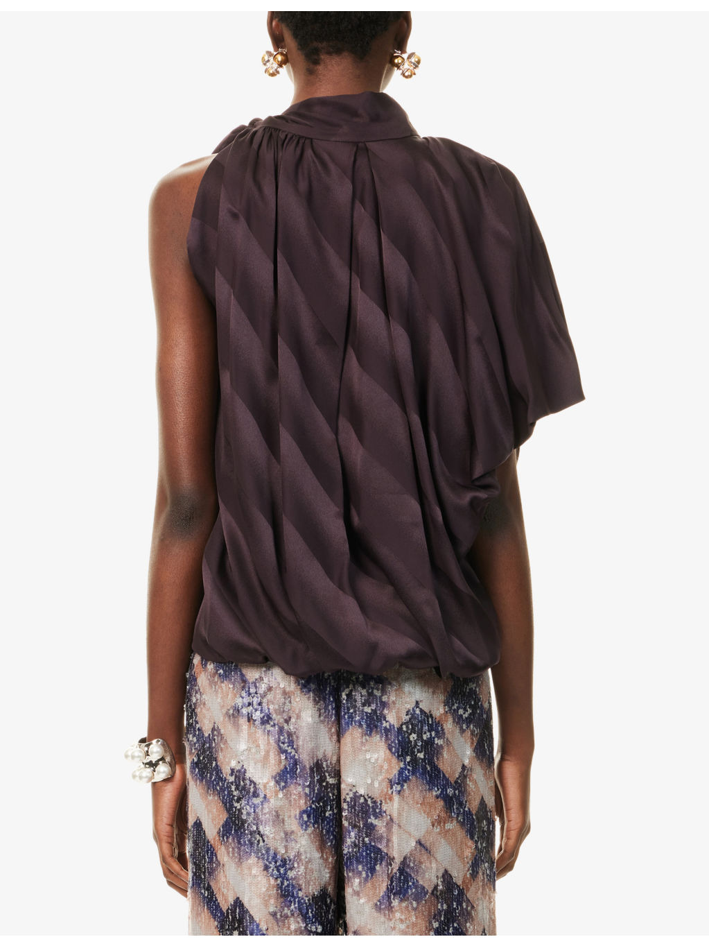 One-Sleeve Puffball Silk Top - 4