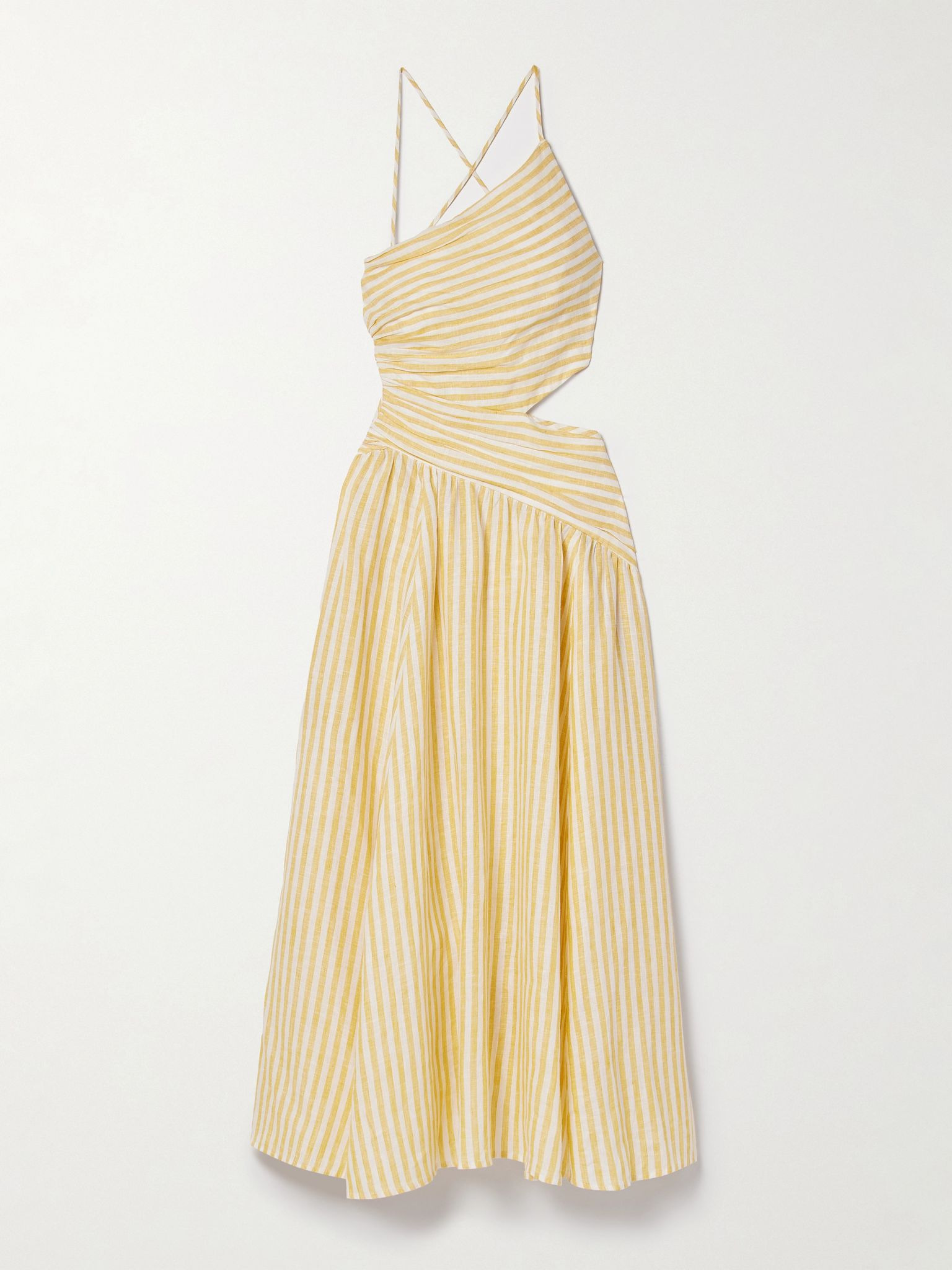 Cascadian cutout ruched striped linen midi dress Marigold - 1