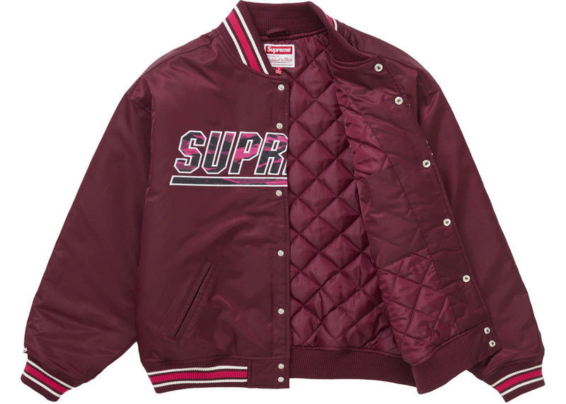 Supreme Supreme Mitchell & Ness Camo Logo Varsity Jacket Burgundy outlook