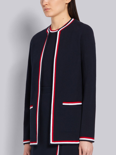 Thom Browne Navy Cotton Pique Tricolor Rib Trim Crewneck Cardigan outlook