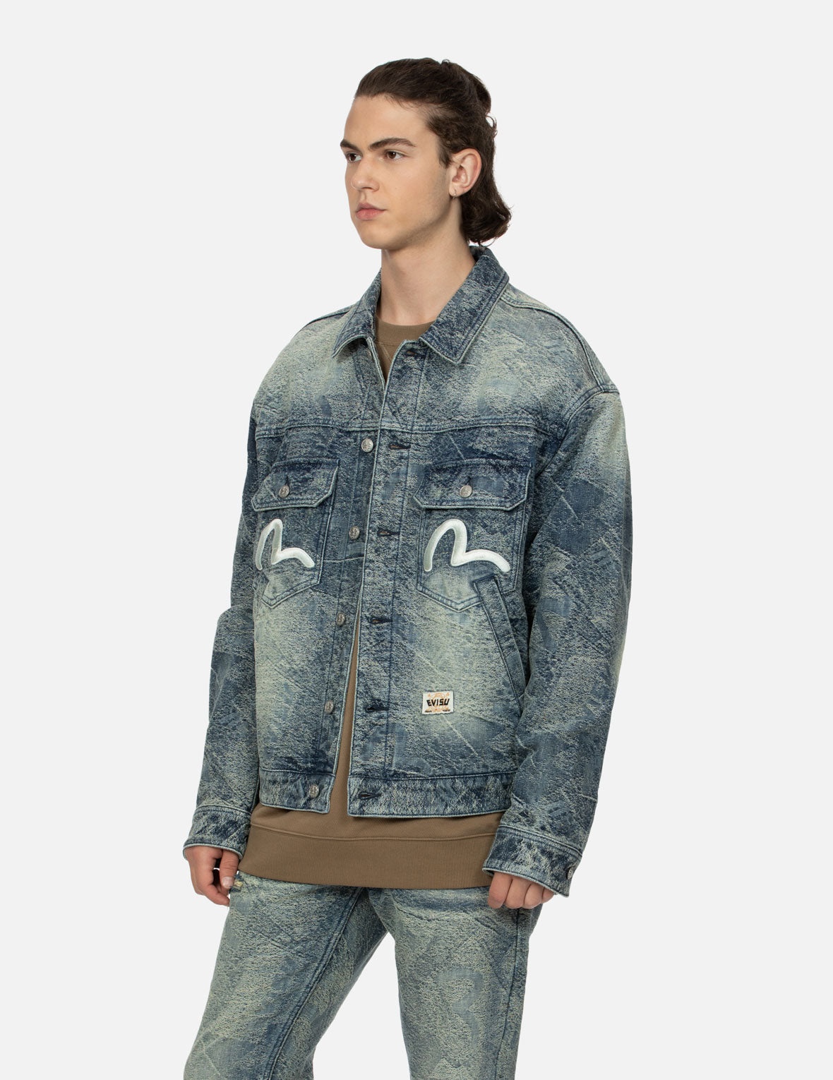 ALLOVER POCKET PRINT AND SEAGULL EMBROIDERY LOOSE FIT DENIM JACKET - 7