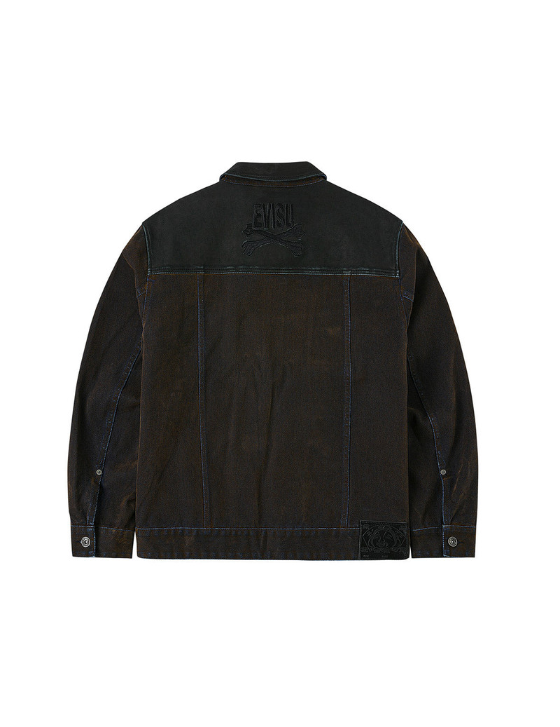 EVISU Skull and Logo Embroidery Fashion Fit Heavy Washed Denim Jacket outlook