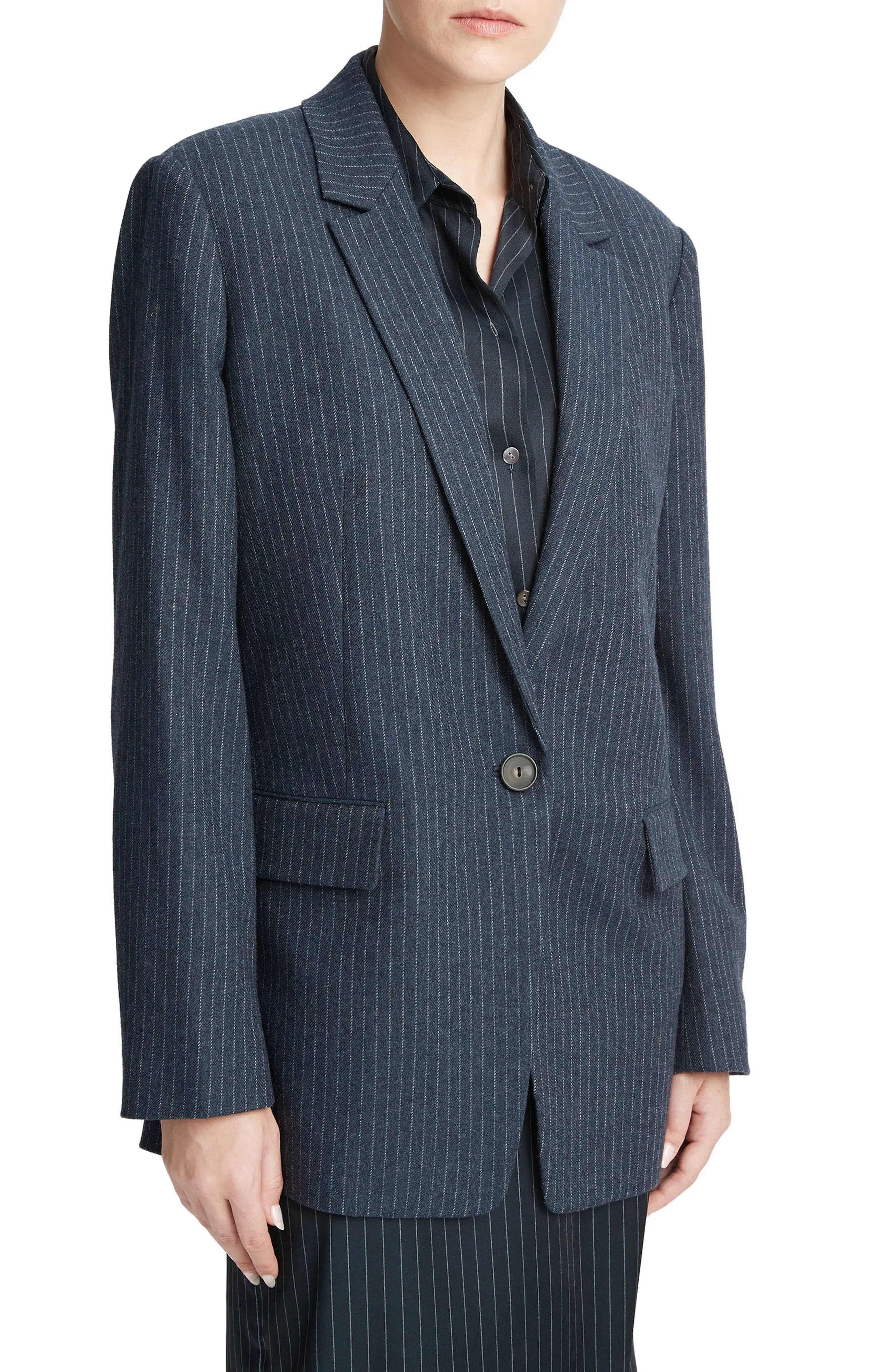 Pinstripe Wool Blend Flannel Blazer in Dark Obsidian/Silver - 3