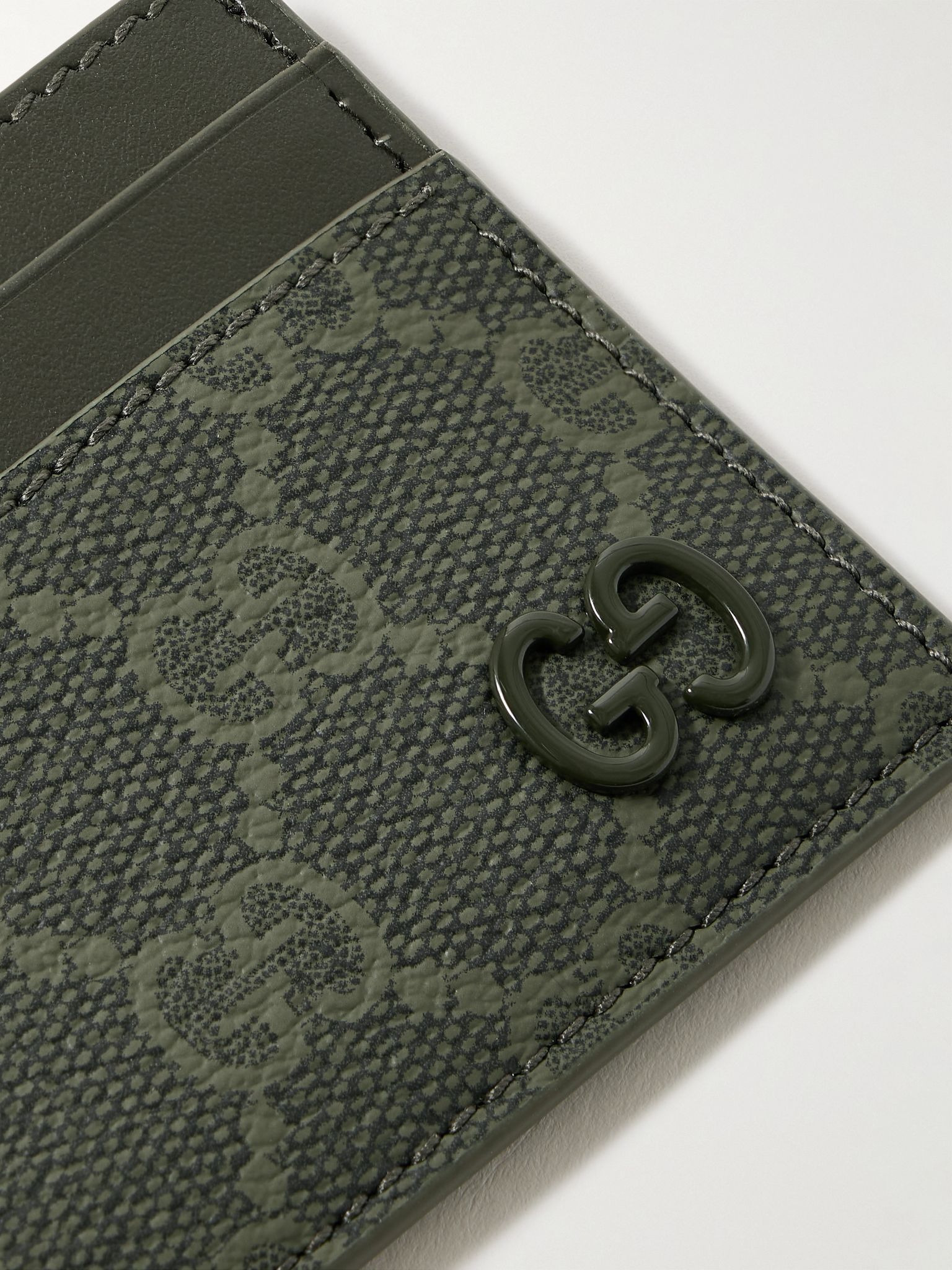 GG Supreme Monogrammed Coated-Canvas and Leather Cardholder Gray - 3
