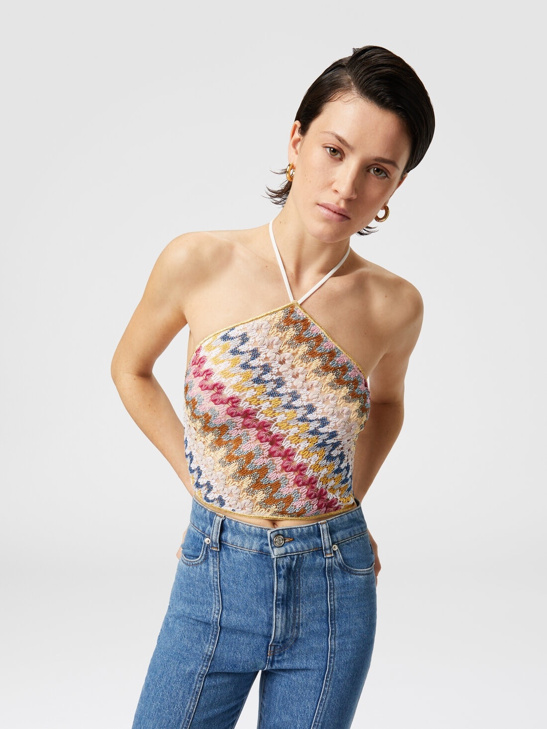 Lamé viscose lace top with halter neckline - 4